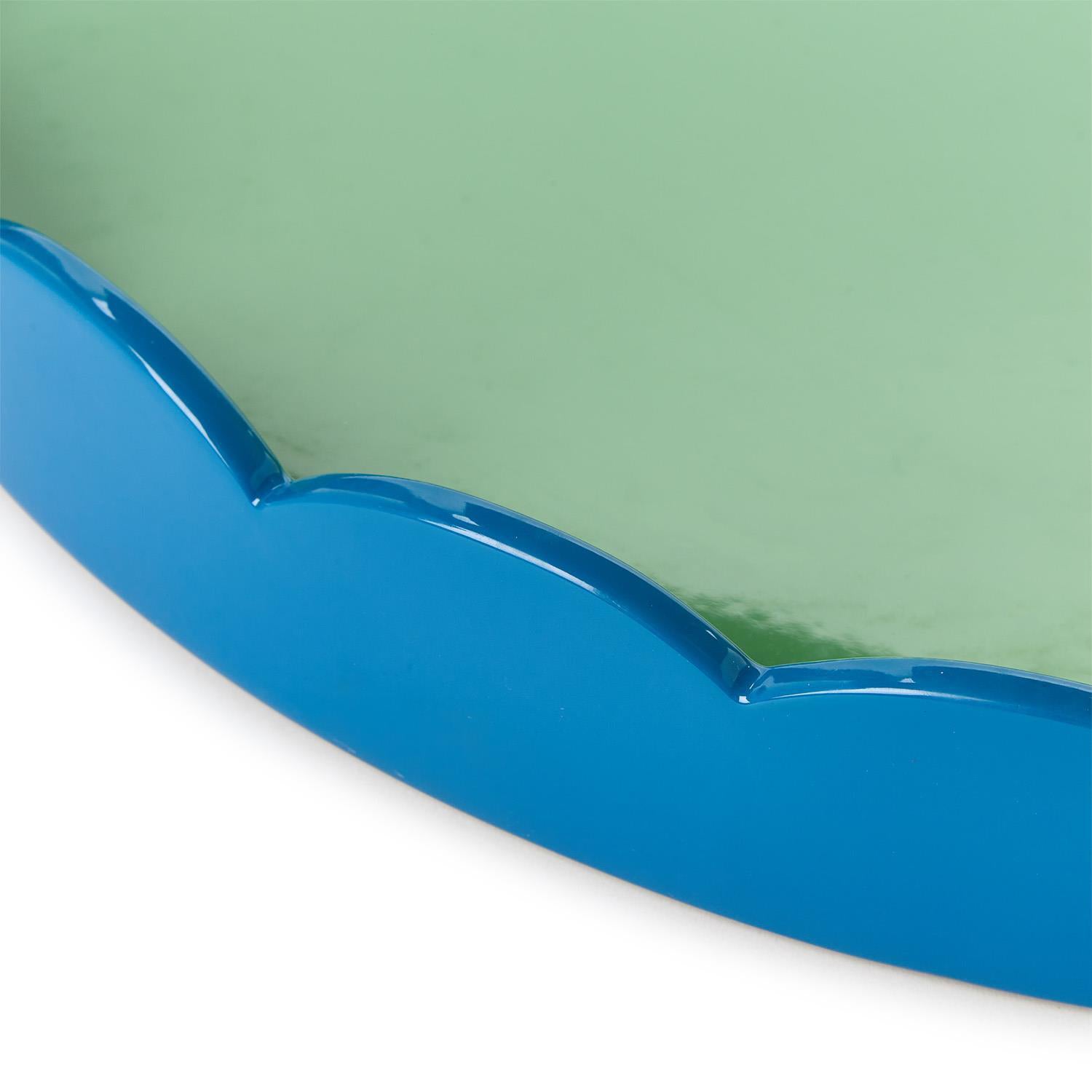 Scalloped Blue and Green Dual Tone Lacquered Tray Set of 2