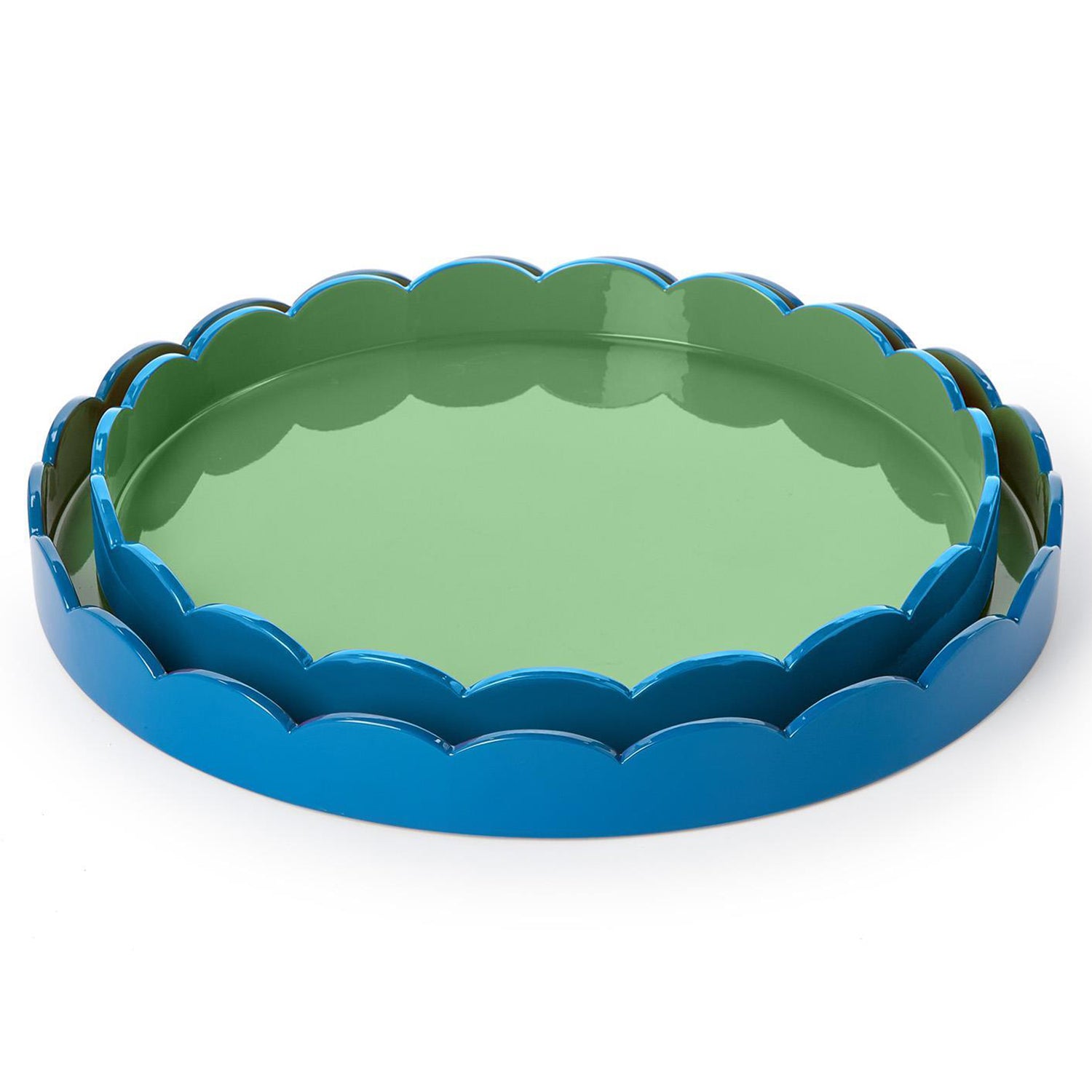 Scalloped Blue and Green Dual Tone Lacquered Tray Set of 2