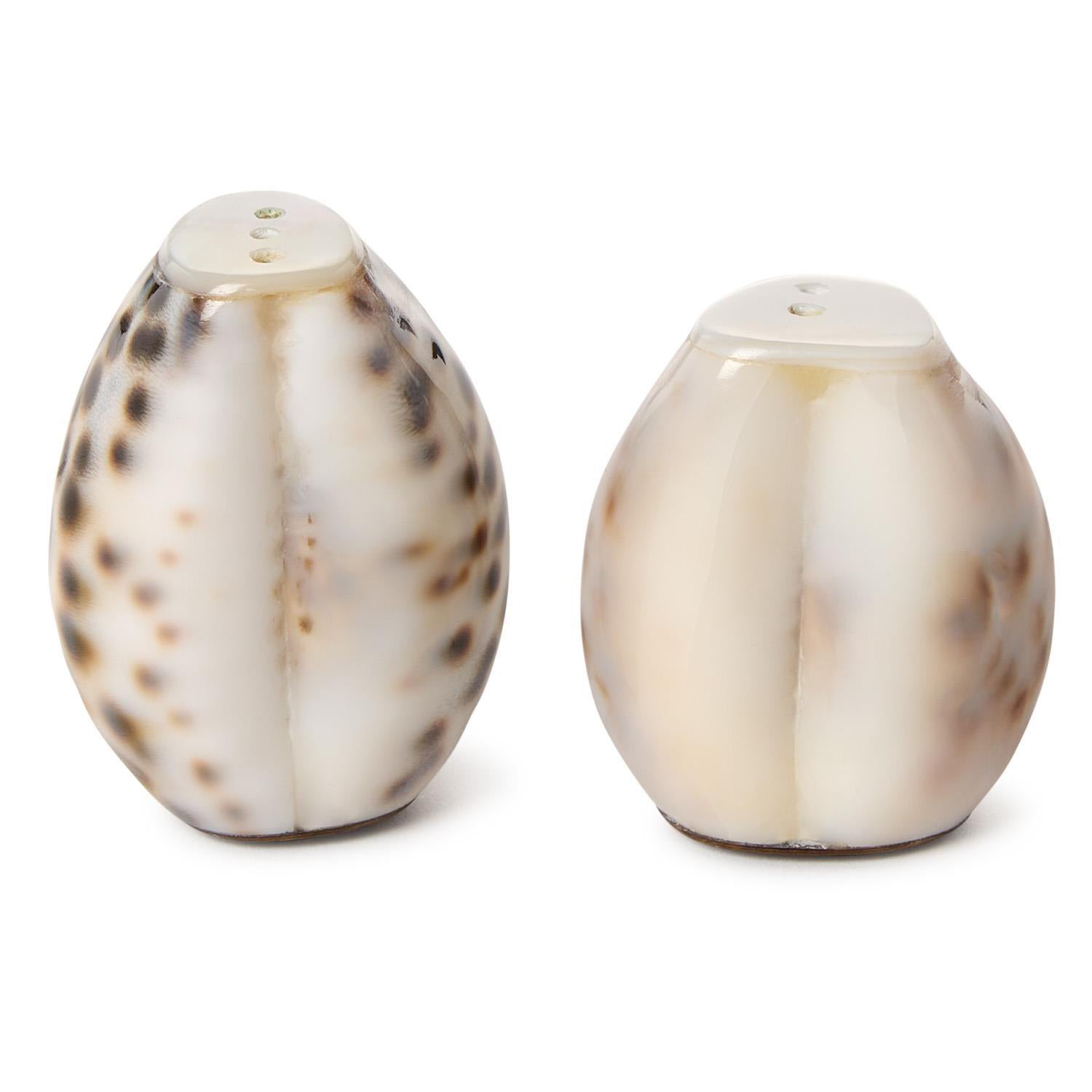 Tiger Cowrie Salt and Pepper Shaker Set in Natural Jute Pouch