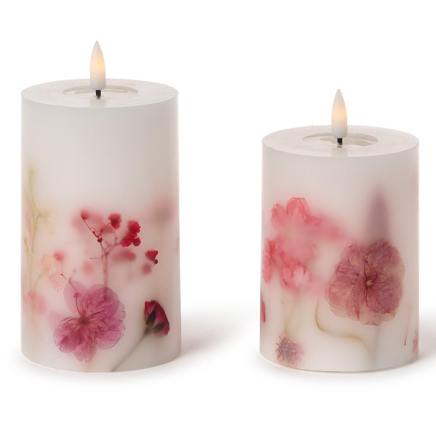 Flickering Flameless Wax Pillar Candles with Pressed Flowers Set of 2