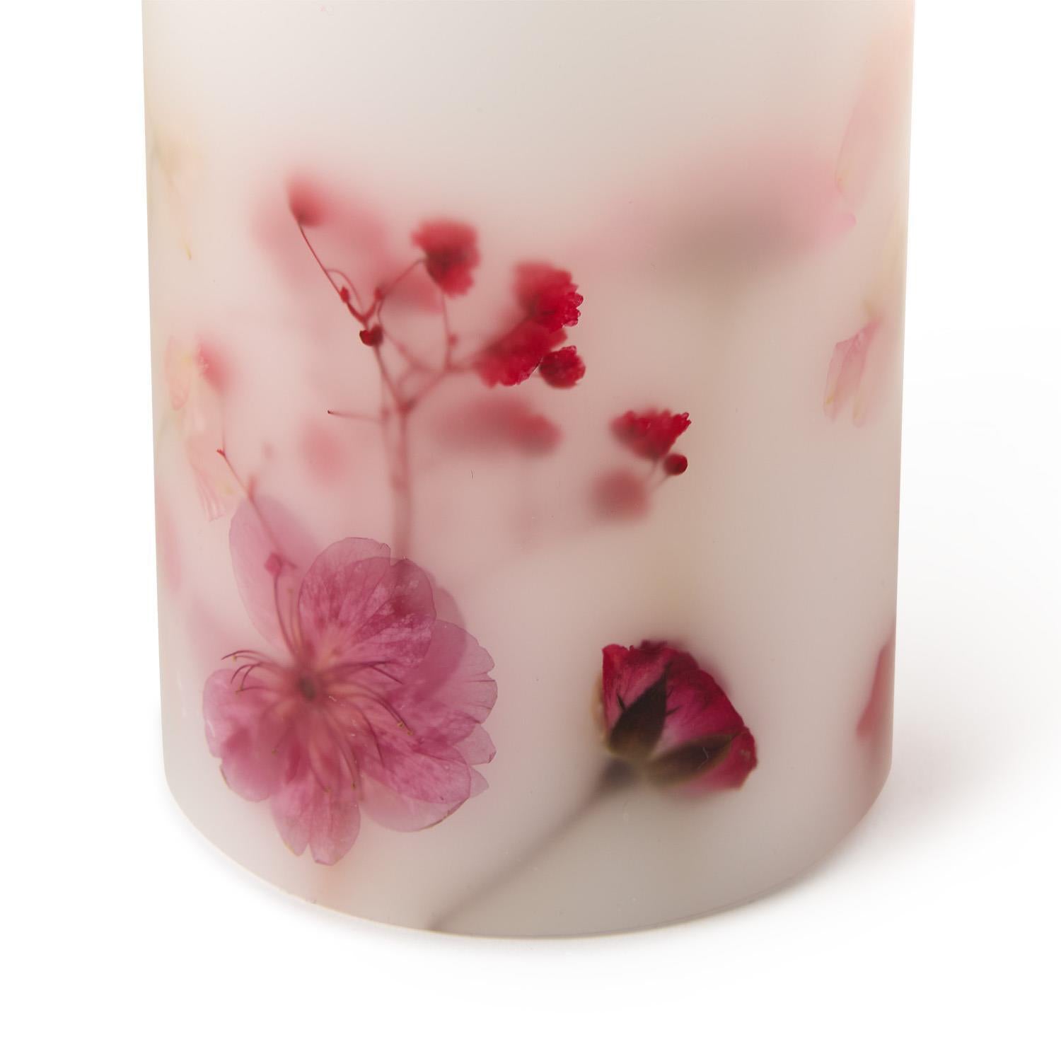 Flickering Flameless Wax Pillar Candles with Pressed Flowers Set of 2
