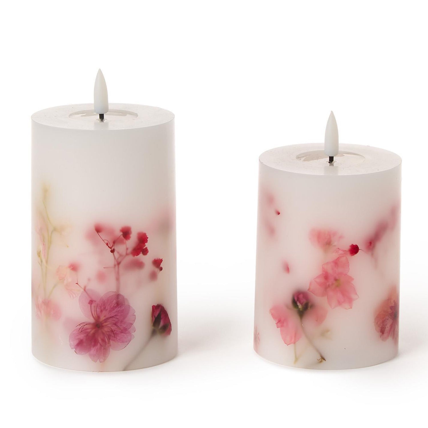 Flickering Flameless Wax Pillar Candles with Pressed Flowers Set of 2