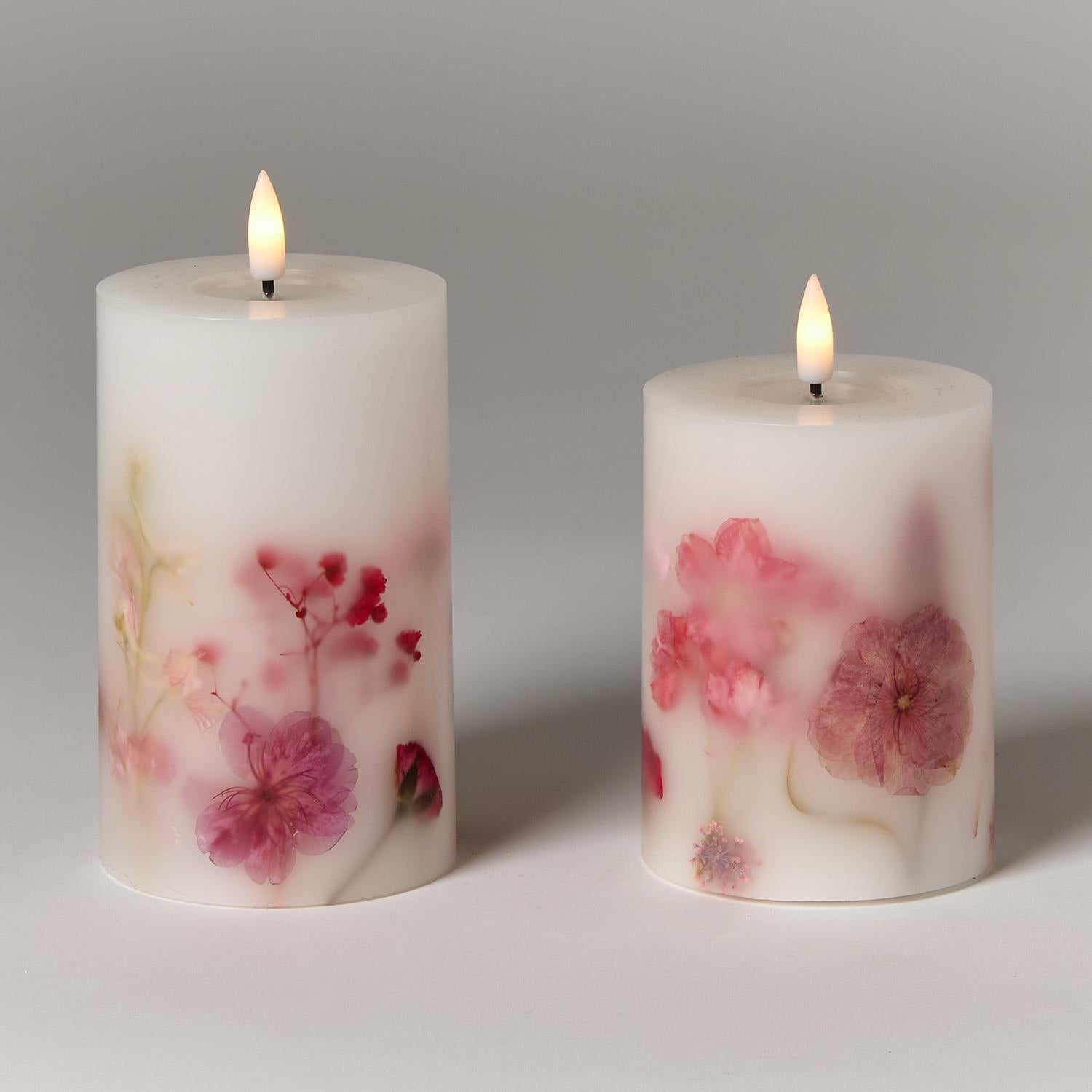Flickering Flameless Wax Pillar Candles with Pressed Flowers Set of 2