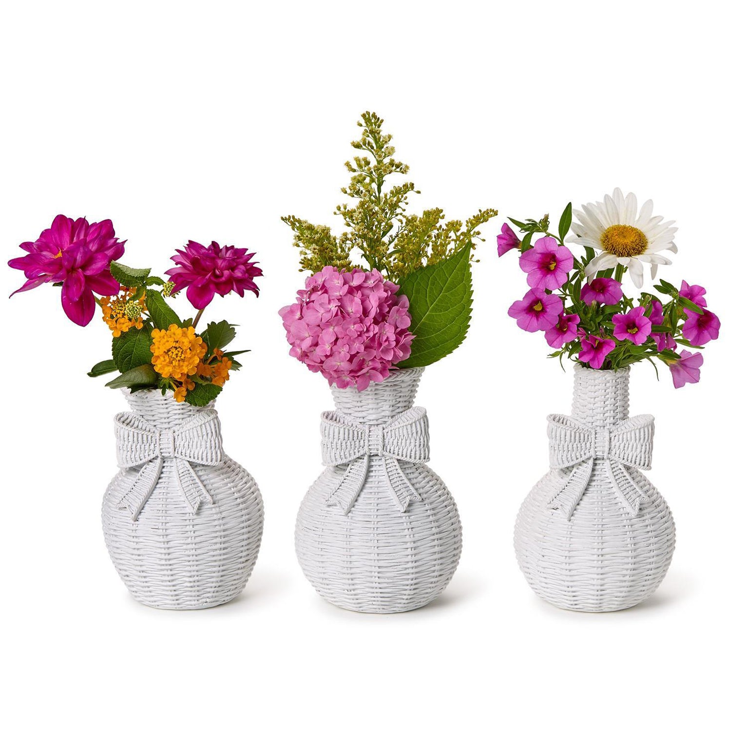 Bowed Beauties Set of 3 Basket Weave Pattern White Vases