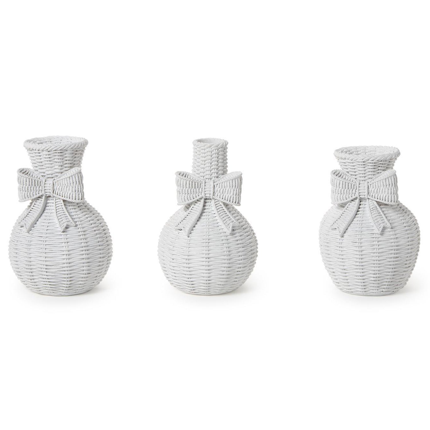 Bowed Beauties Set of 3 Basket Weave Pattern White Vases