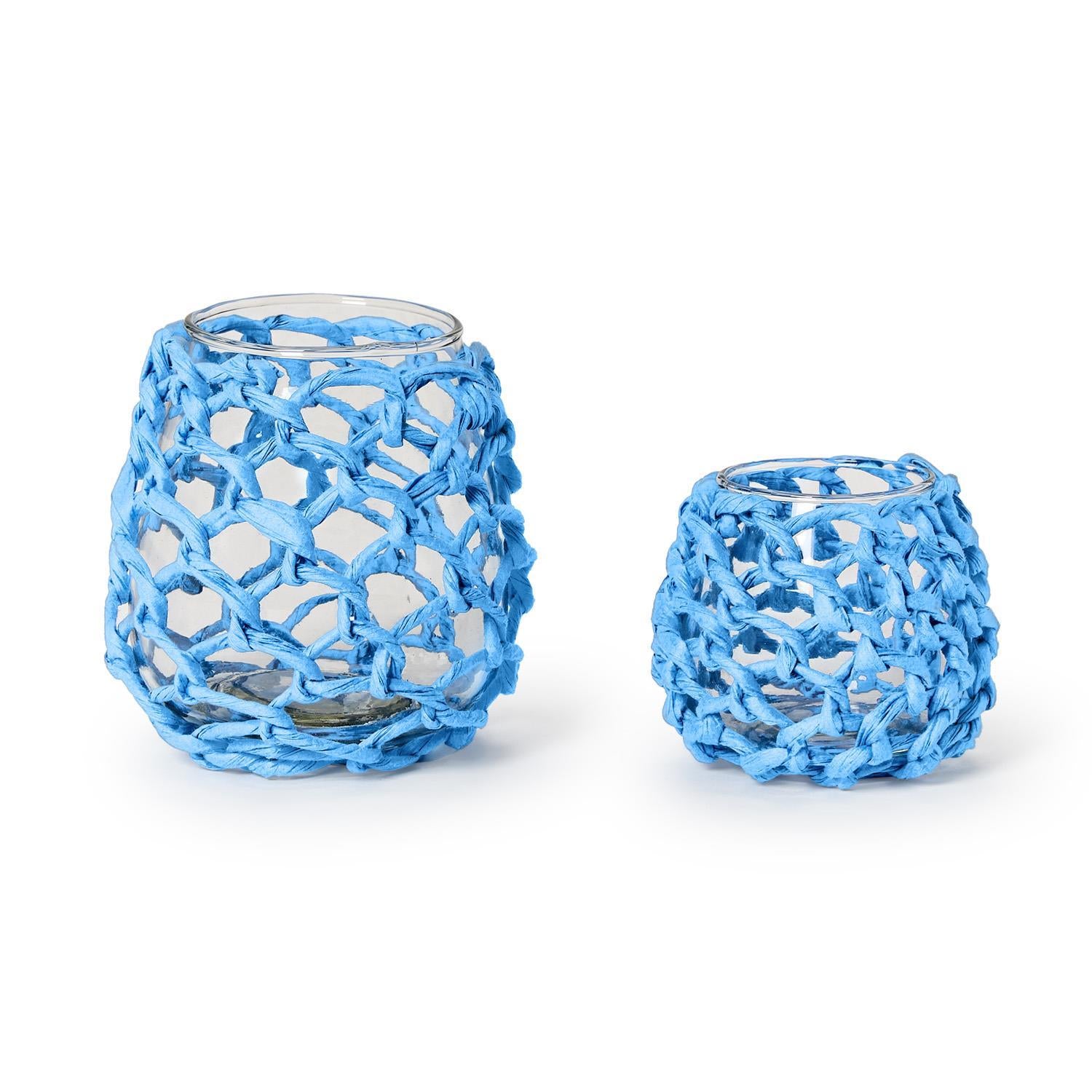 Blue Wrapped Paper Rope Tealight Candleholder Set of 2