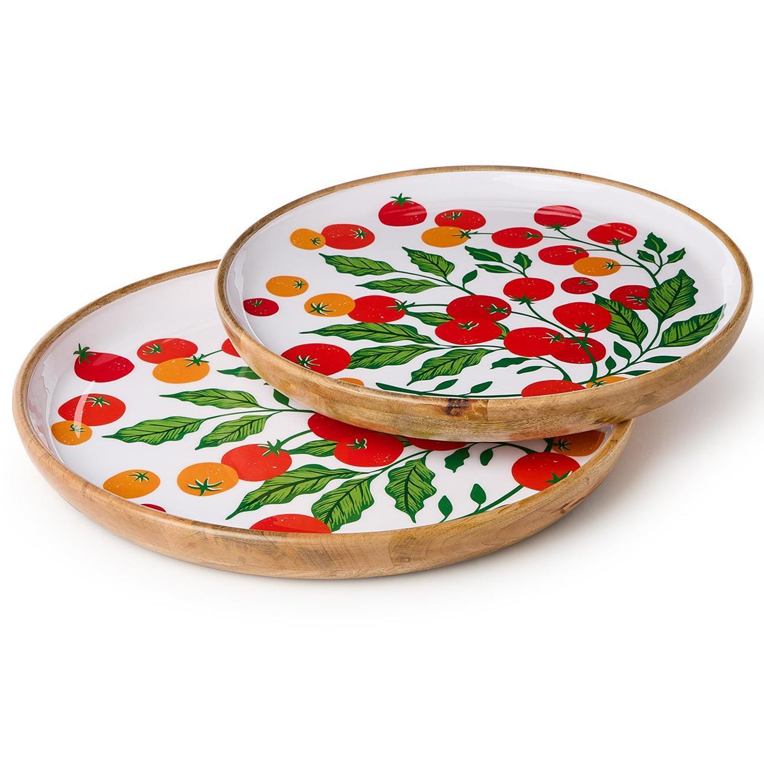 Garden Harvest Set Hand-Crafted Wooden Round Tray with Enamel Set of 2