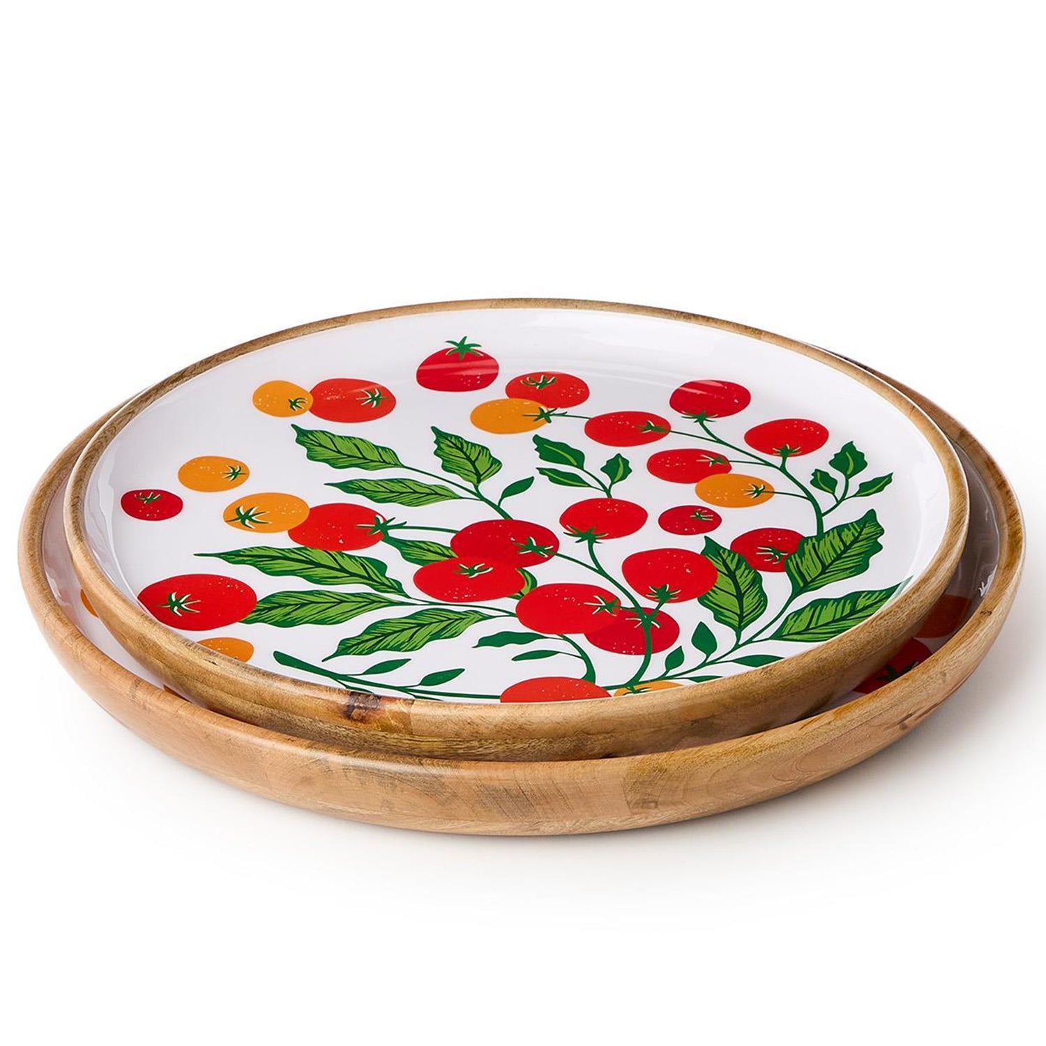 Garden Harvest Set Hand-Crafted Wooden Round Tray with Enamel Set of 2