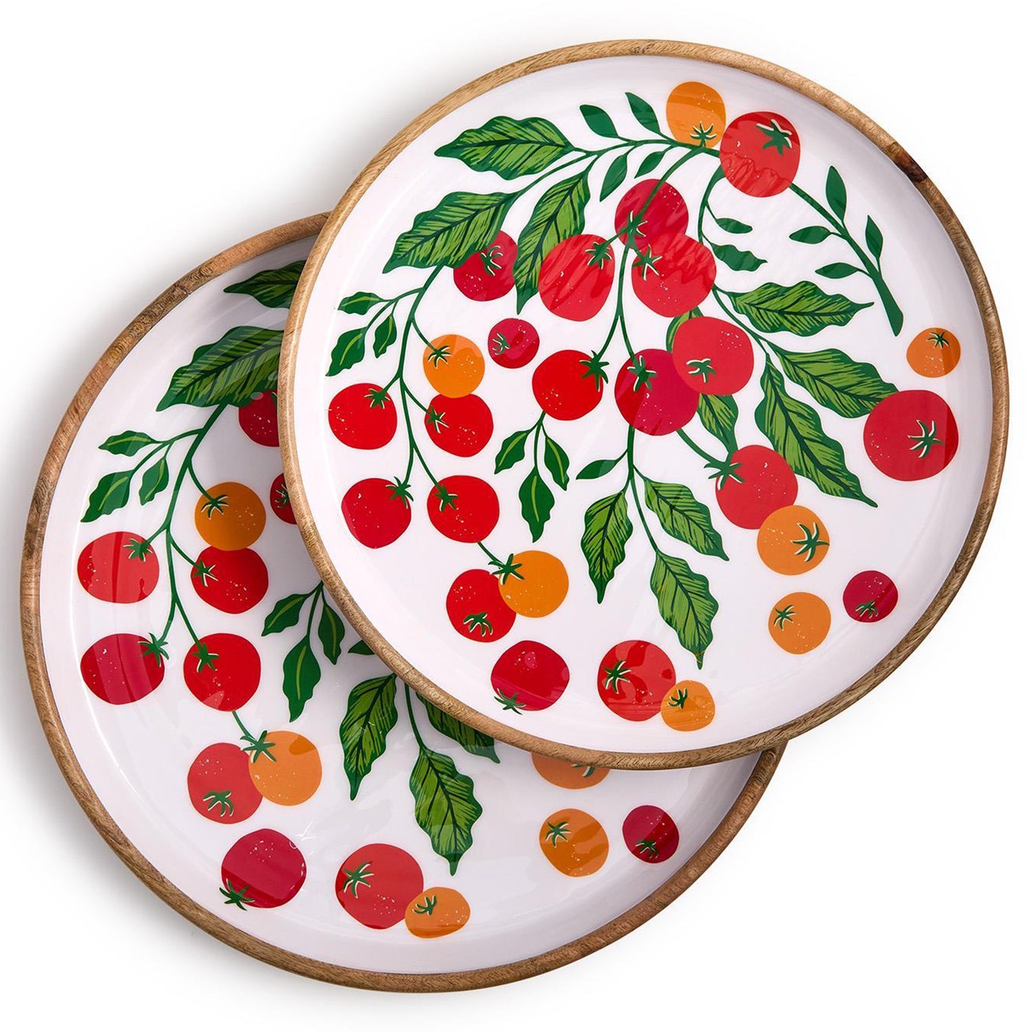 Garden Harvest Set Hand-Crafted Wooden Round Tray with Enamel Set of 2