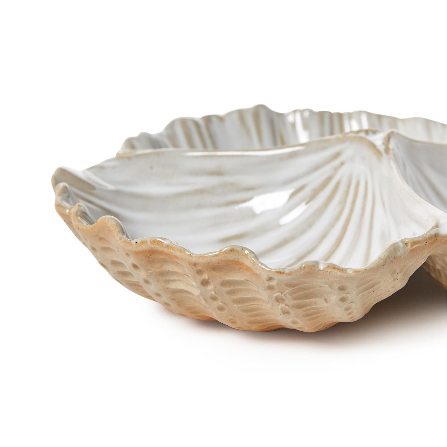 Artisanal Reactive Glaze 3 Section Shell Tidbit Dish/Tray