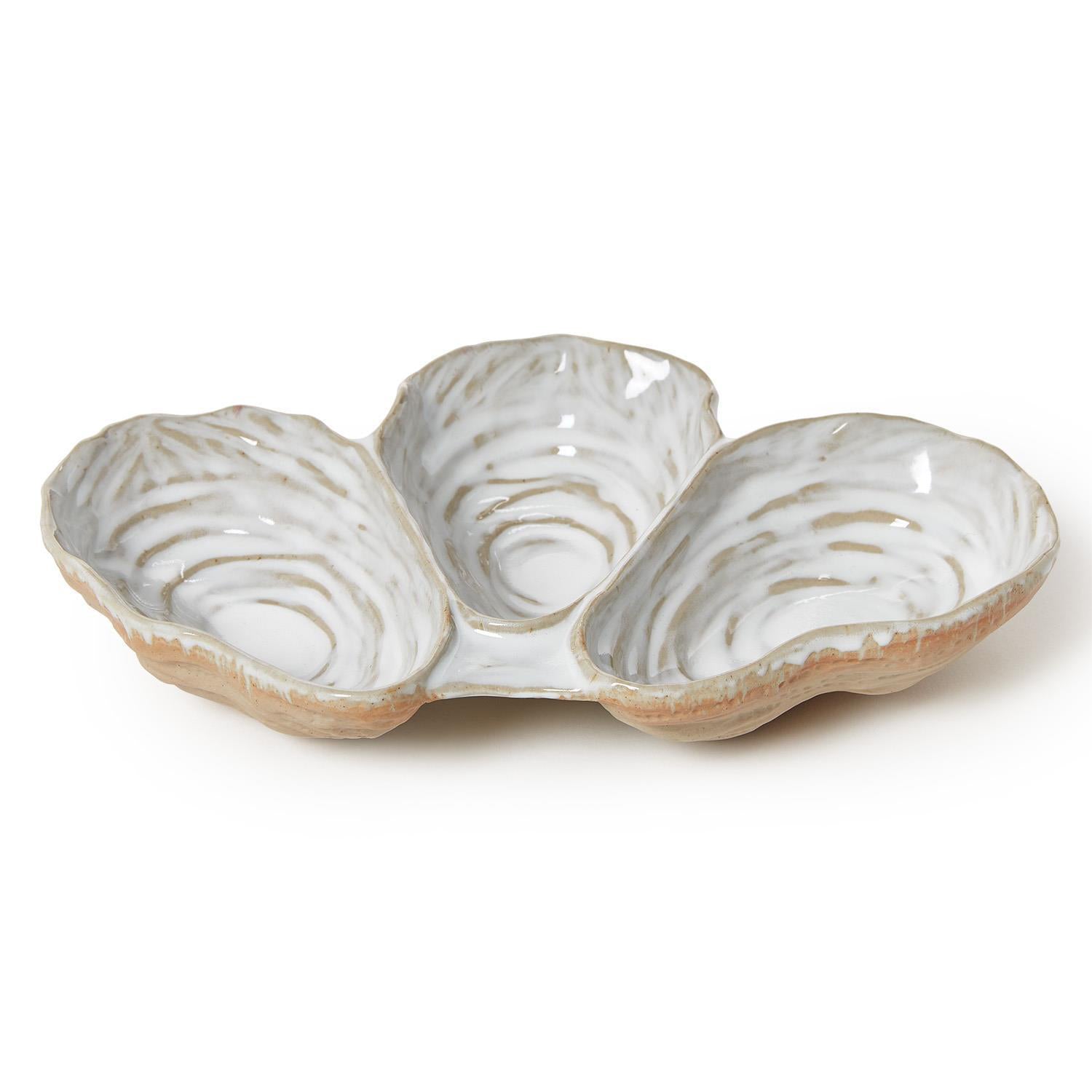 Artisanal Reactive Glaze 3 Section Oyster Shell Tidbit Dish/Tray