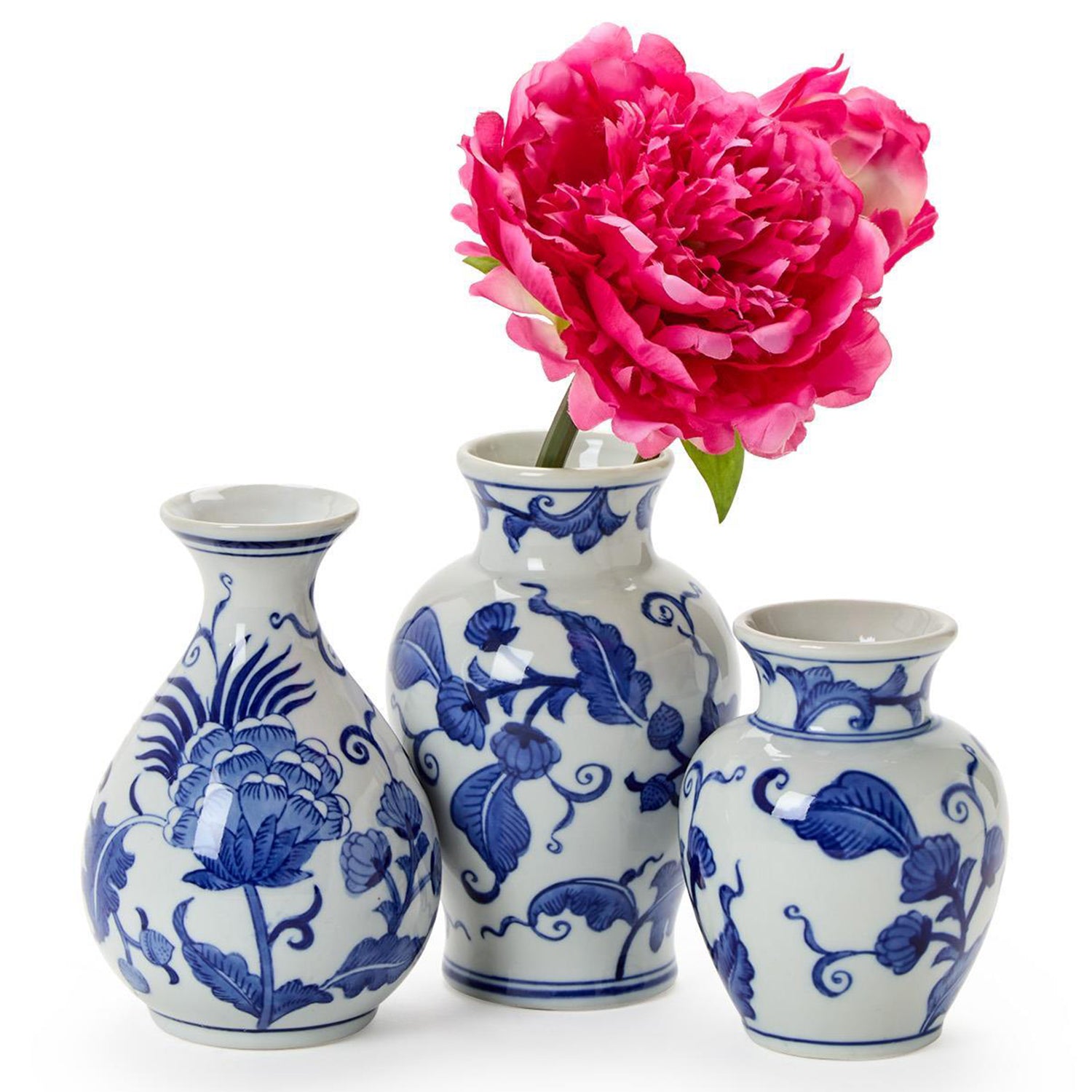 Hand-Painted Blue and White Floral Chinoiserie Vase Set of 3