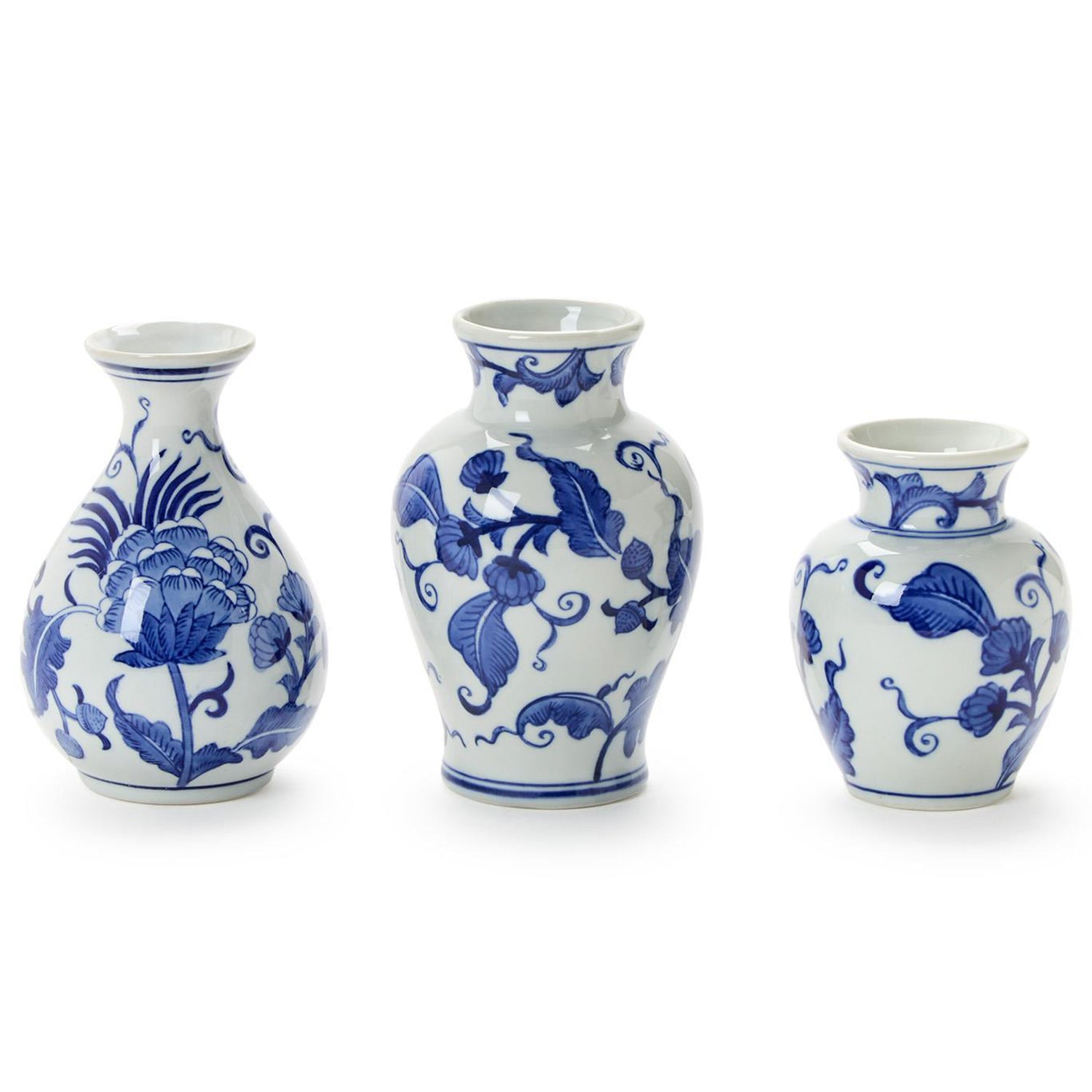 Hand-Painted Blue and White Floral Chinoiserie Vase Set of 3