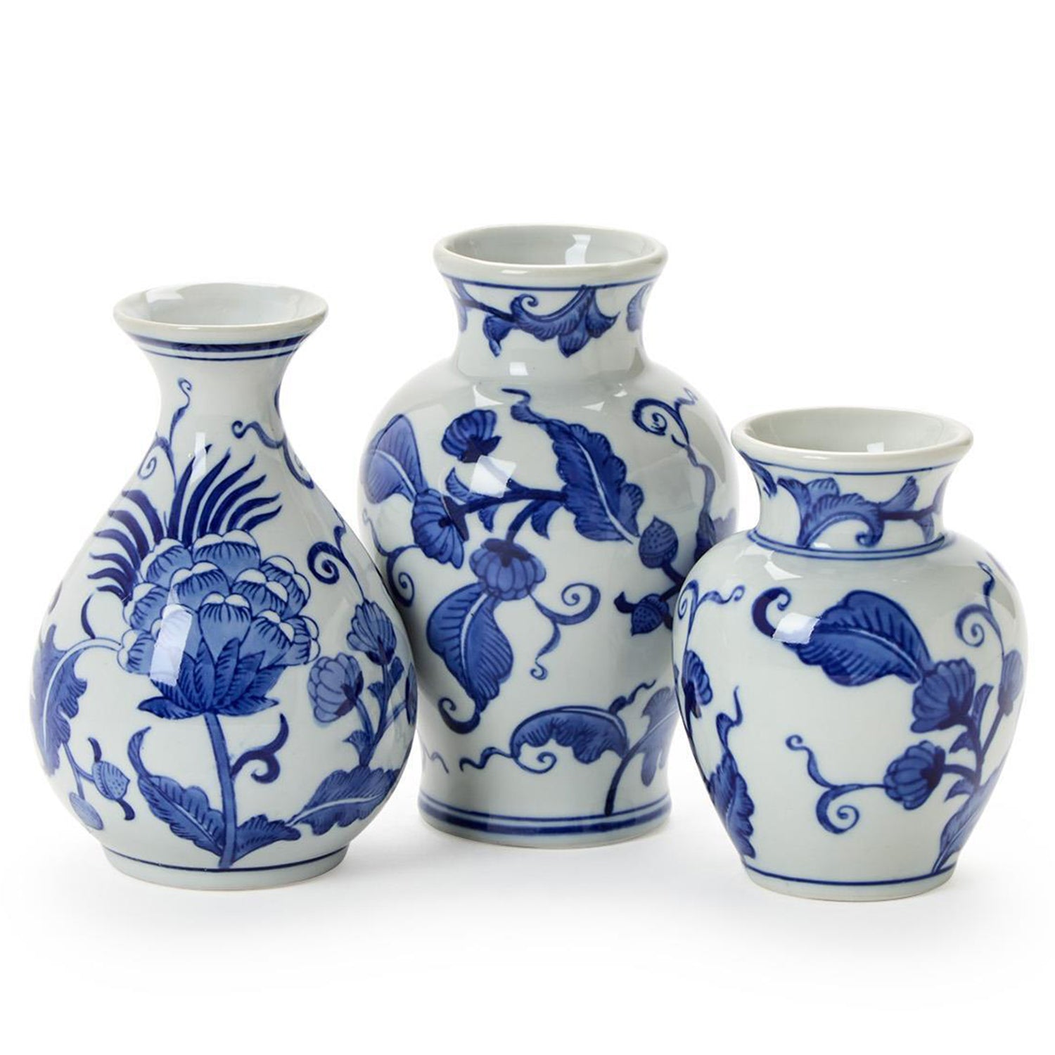 Hand-Painted Blue and White Floral Chinoiserie Vase Set of 3