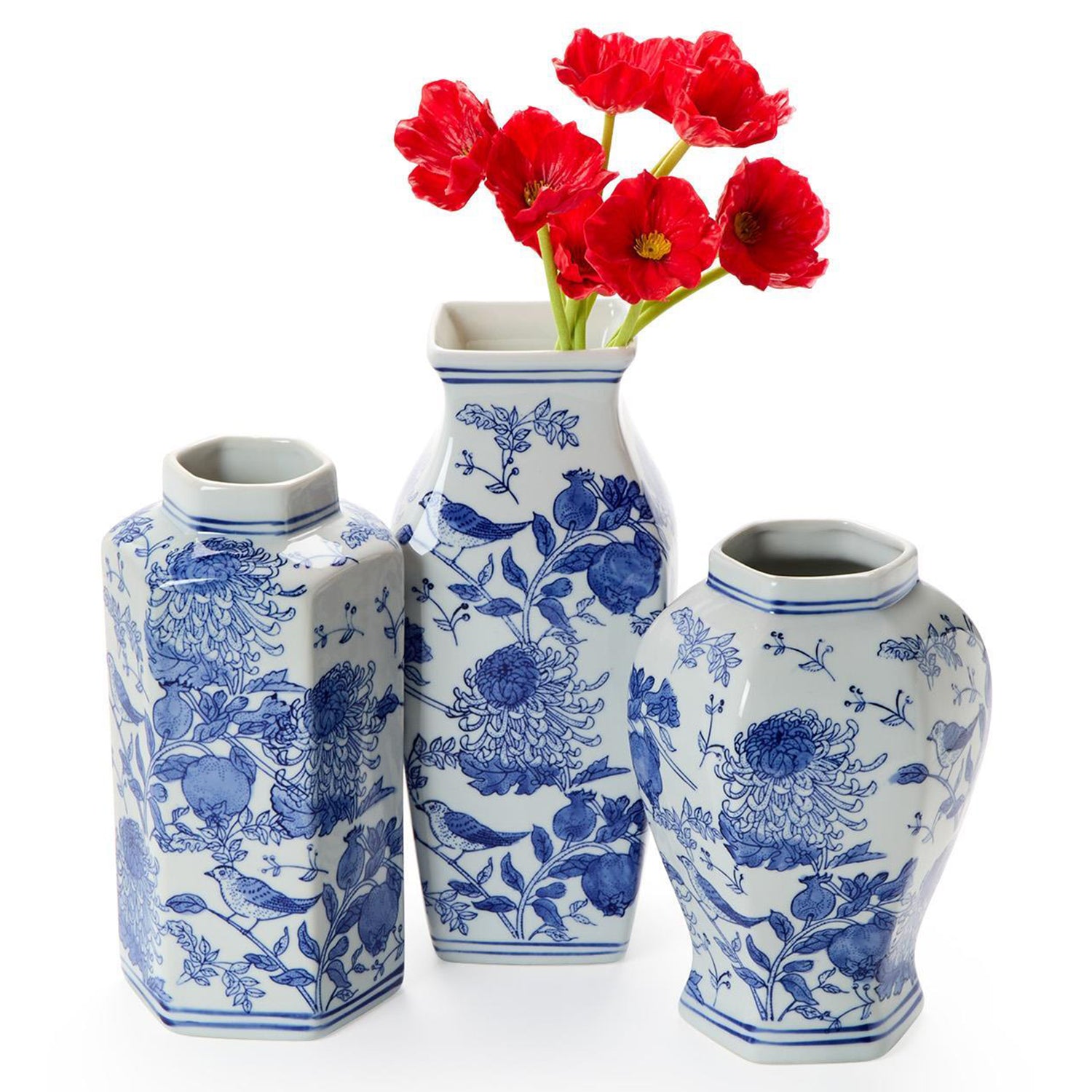 Chrysanthemum Hand-Painted Blue and White Vase Set of 3