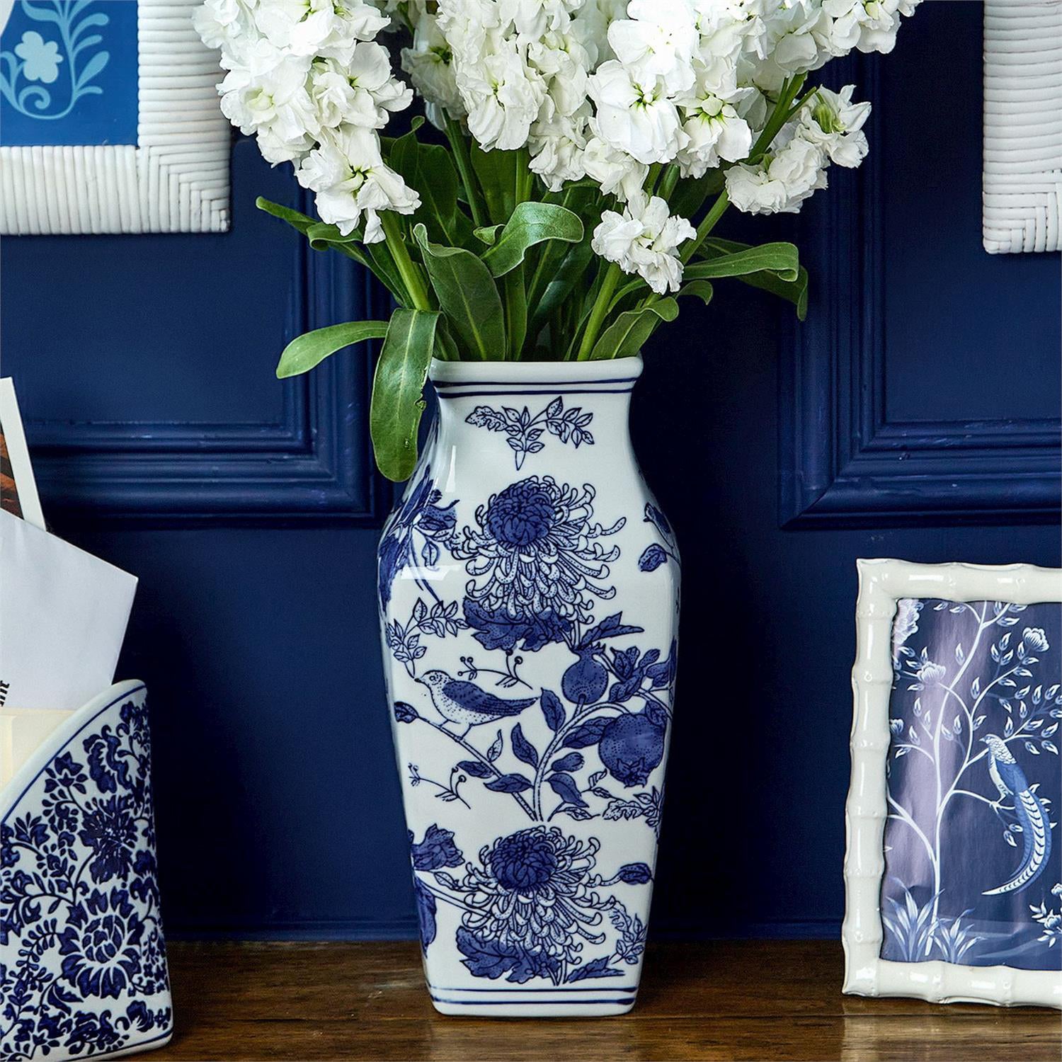Chrysanthemum Hand-Painted Blue and White Vase Set of 3