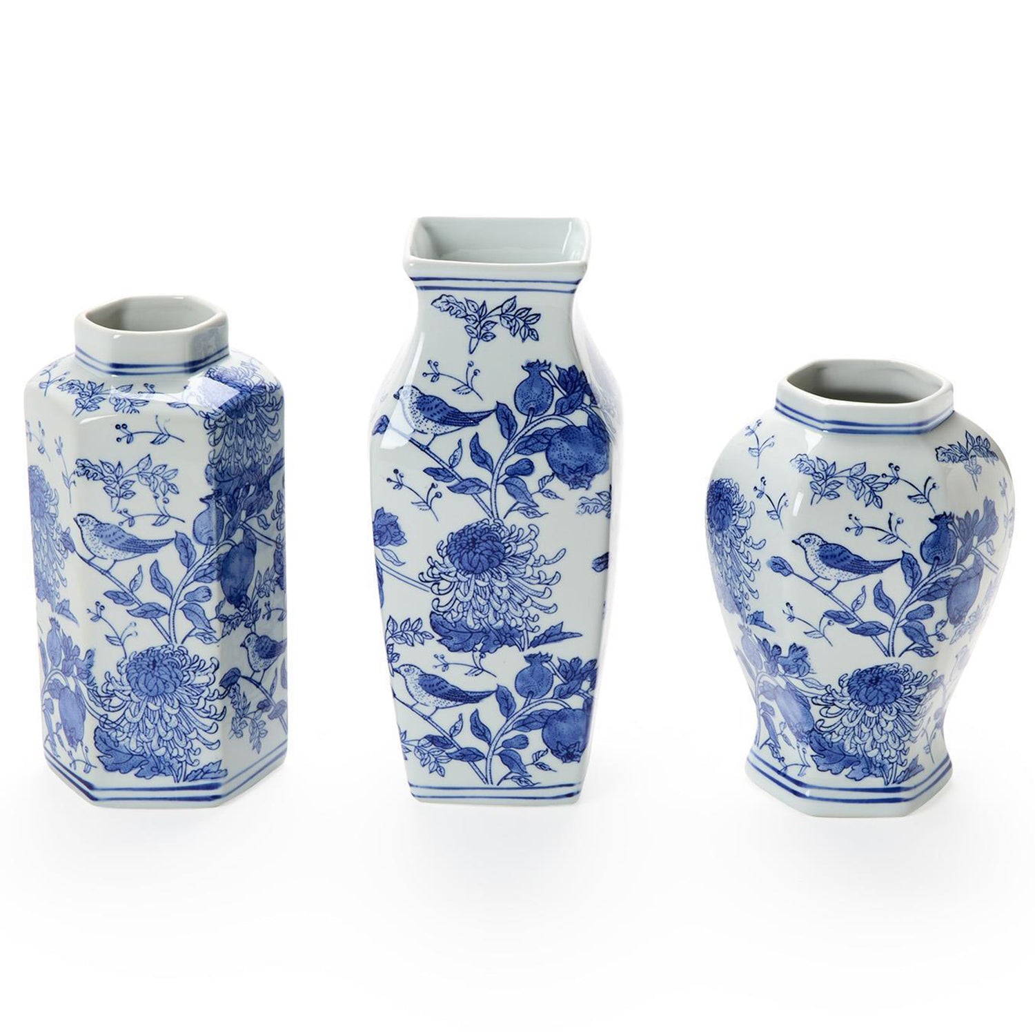 Chrysanthemum Hand-Painted Blue and White Vase Set of 3