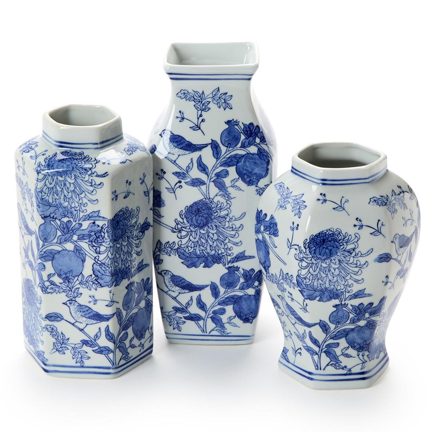 Chrysanthemum Hand-Painted Blue and White Vase Set of 3