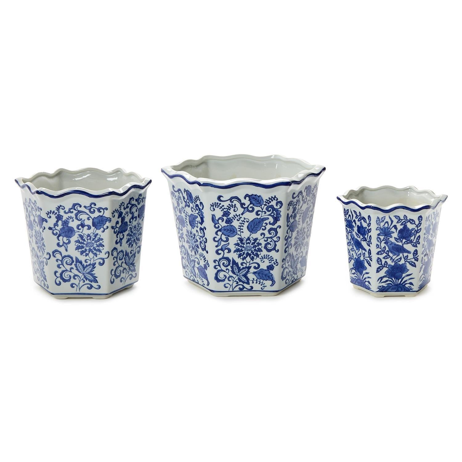 Floral Blue and White Hand-Painted Planter Set of 3