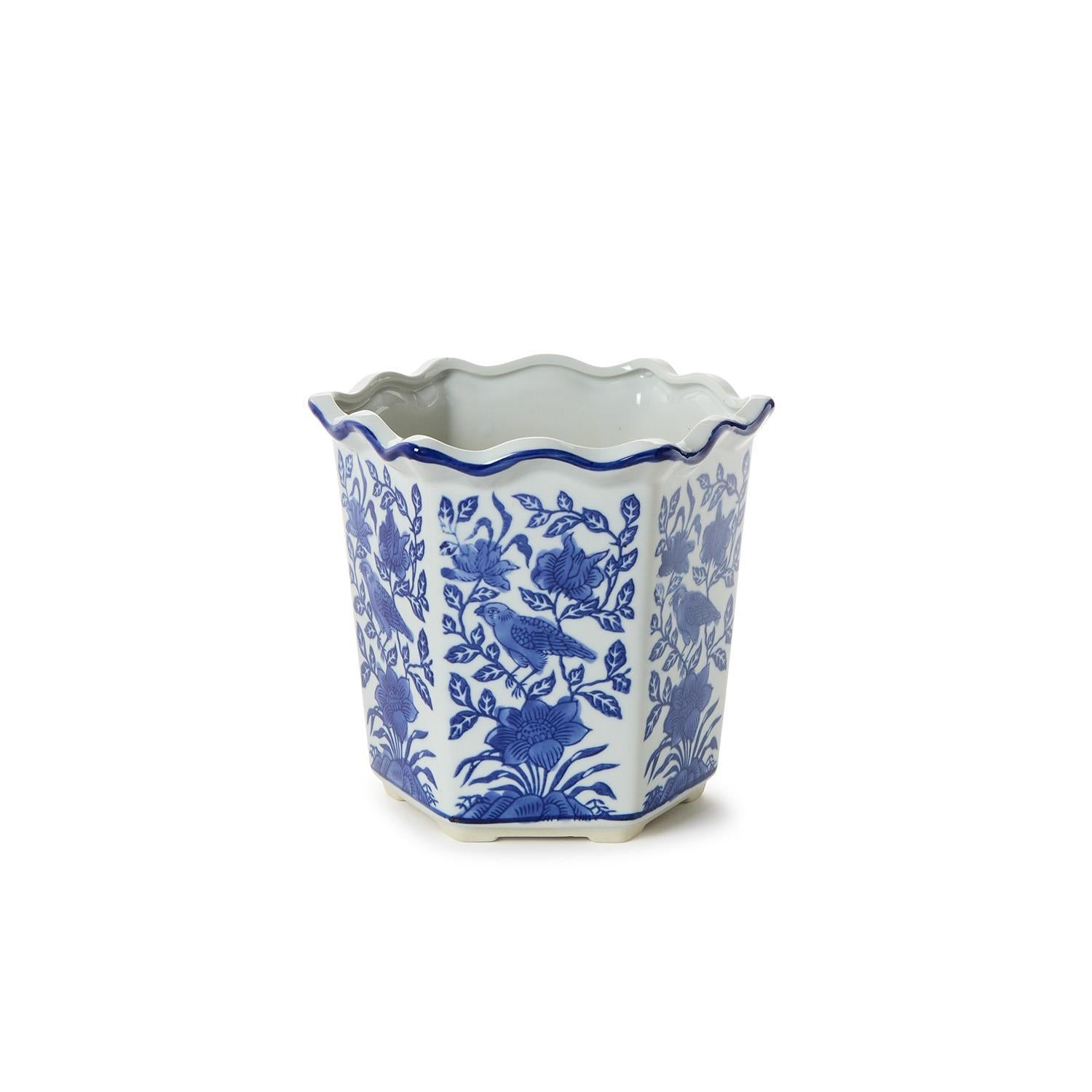 Floral Blue and White Hand-Painted Planter Set of 3
