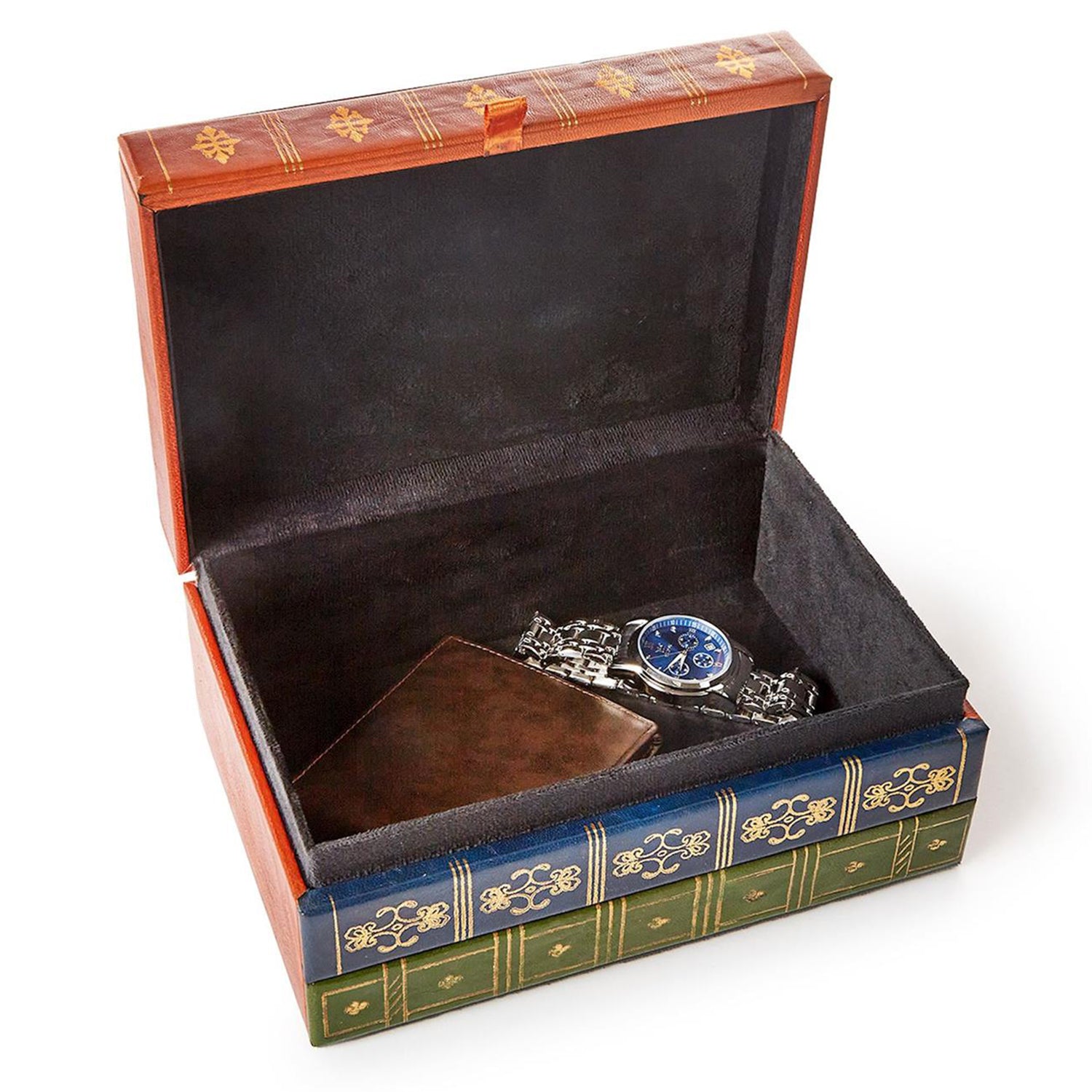 Leather Hinged Rectangle Keepsake/Storage Box with Tri-Color Spine
