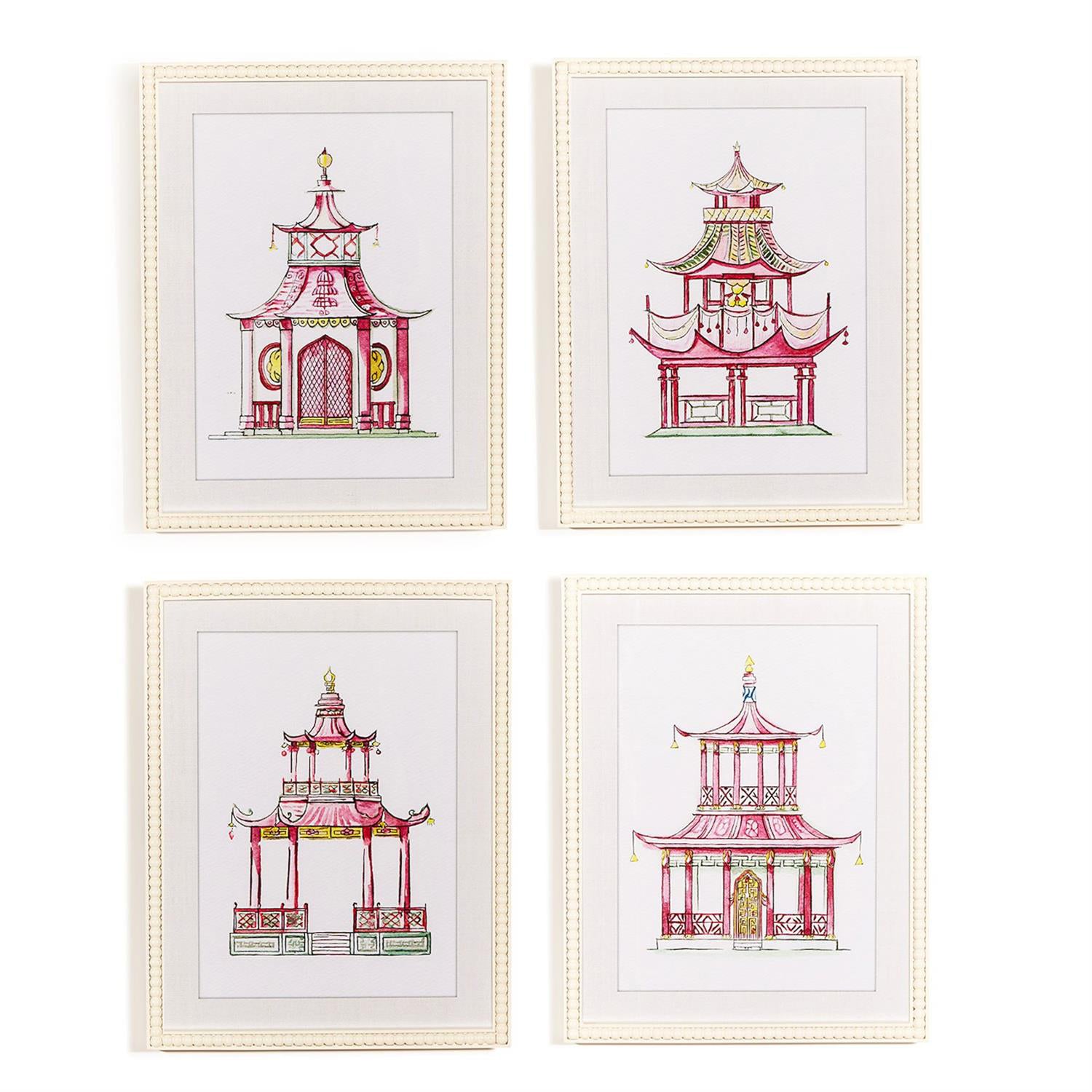 Pink Pagoda White Beaded Framed Wall Art Print Set of 4