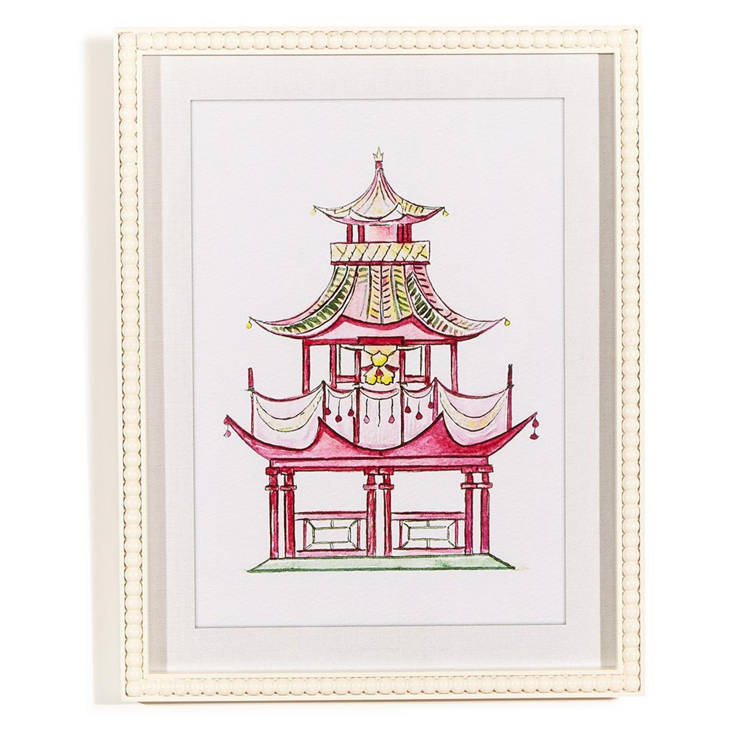 Pink Pagoda White Beaded Framed Wall Art Print Set of 4