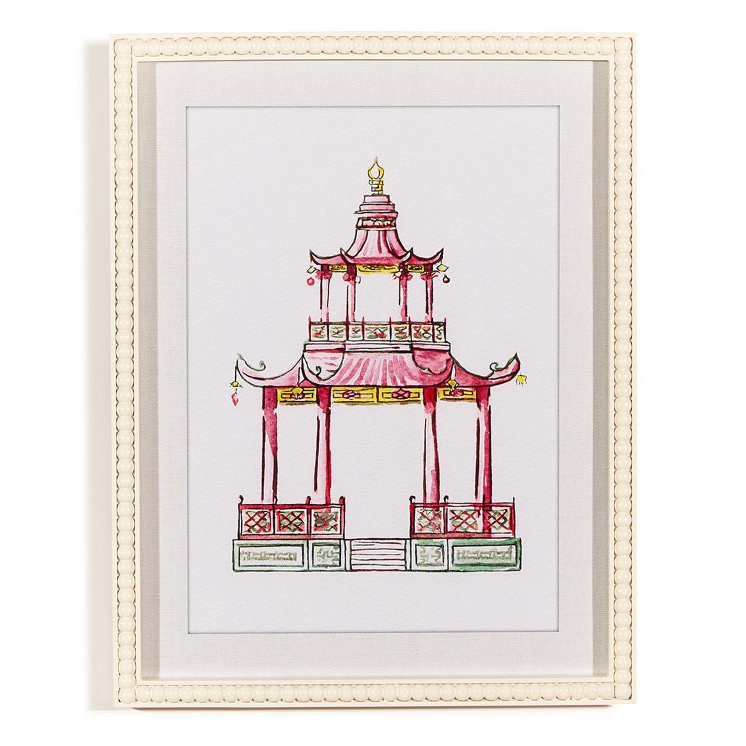 Pink Pagoda White Beaded Framed Wall Art Print Set of 4