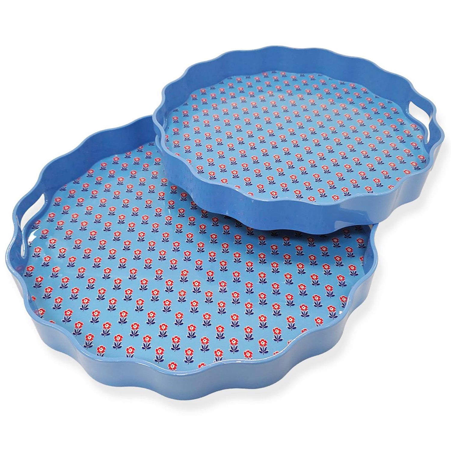 Red, White and Bloom Scalloped Lacquered Tray Set of 2