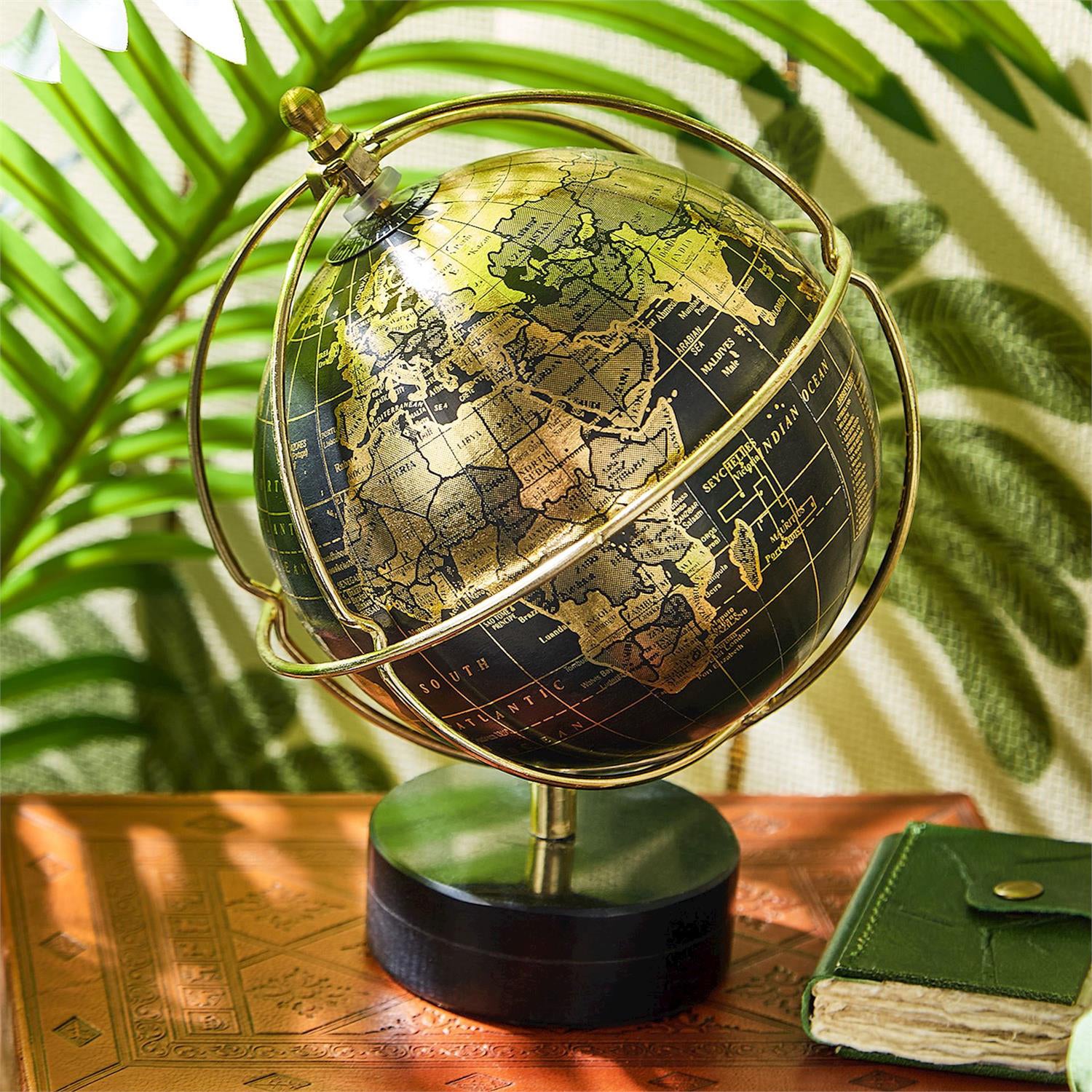 Around The World Black and Gold Globe with Marble Base