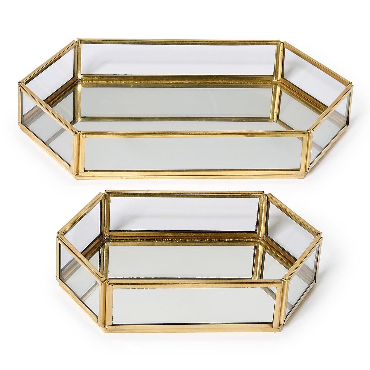 Hexagon Glass and Brass Tray Set of 2