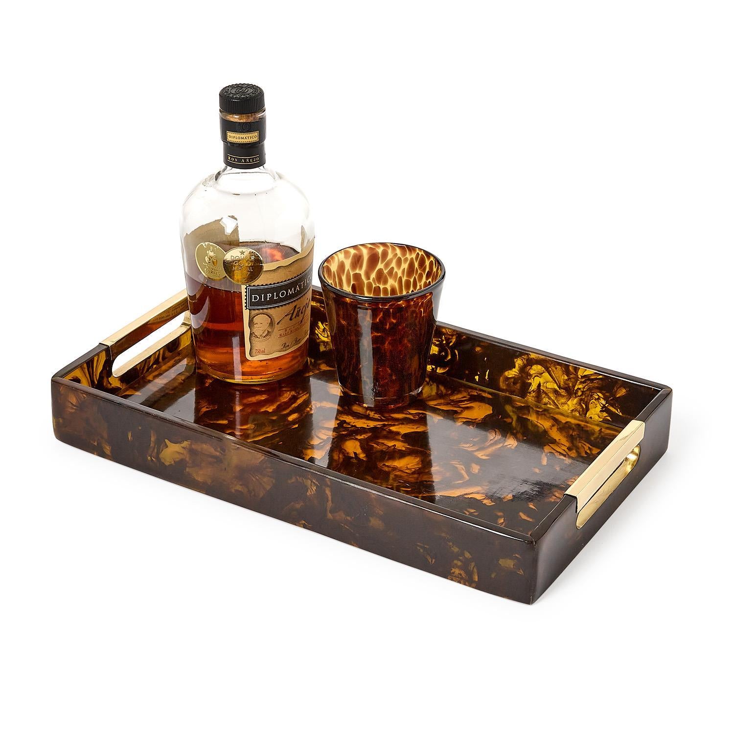 Tortoise Swirl Rectangle Serving Tray with Gold Accent Handles