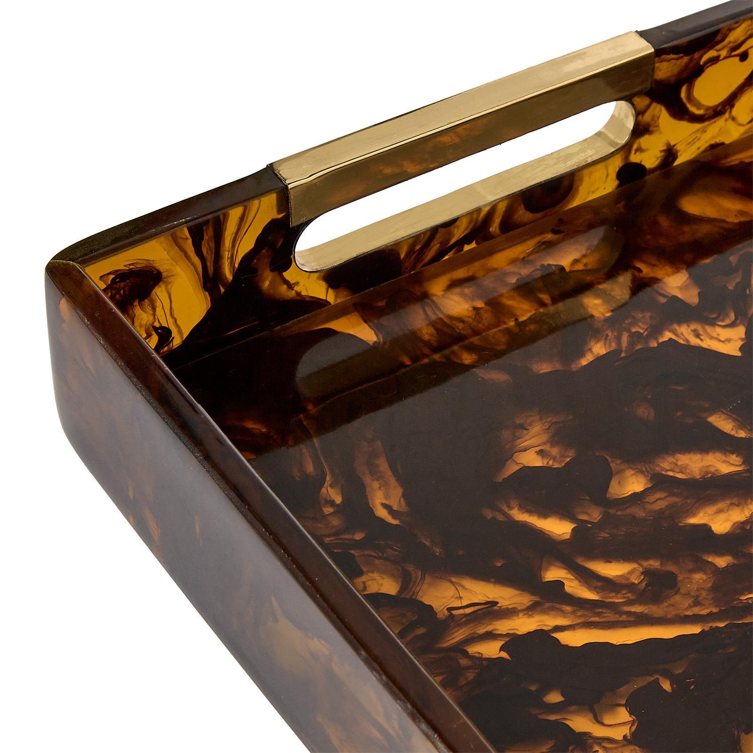 Tortoise Swirl Rectangle Serving Tray with Gold Accent Handles