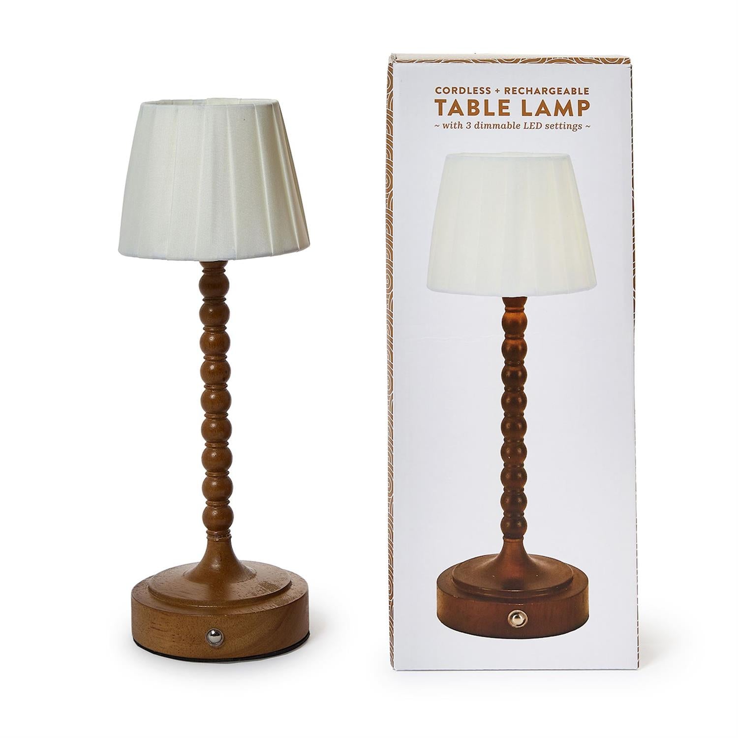 LED Cordless Beaded Wood Pole Table Lamp with Fabric Pleated Shade in Gift Box