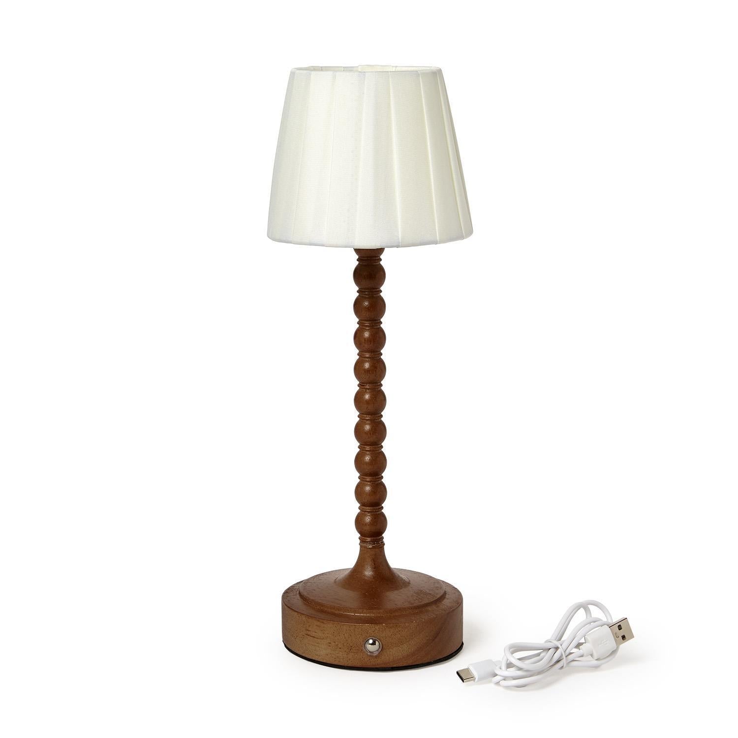 LED Cordless Beaded Wood Pole Table Lamp with Fabric Pleated Shade in Gift Box