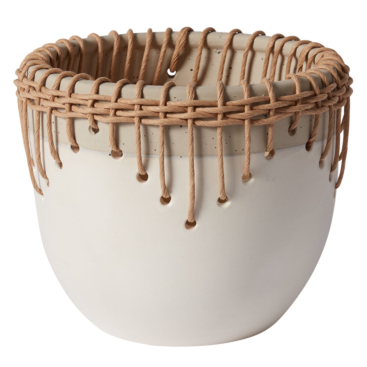 Hideaway Pot, two-tone ceramic rattan-trimmed planter