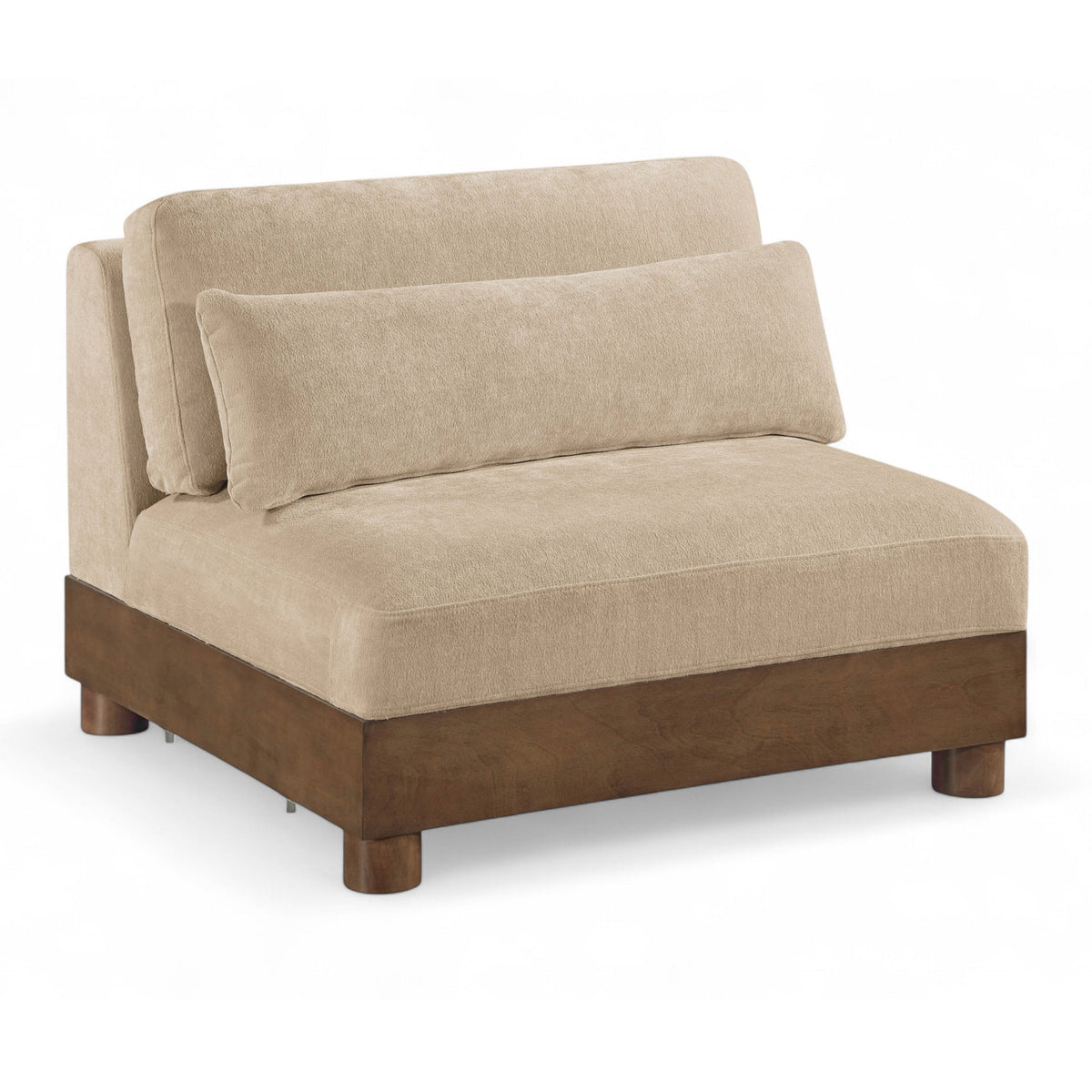 Turin Beige Chenille Fabric Upholstered Modular Armless Chair in beige chenille, walnut frame, primary product view