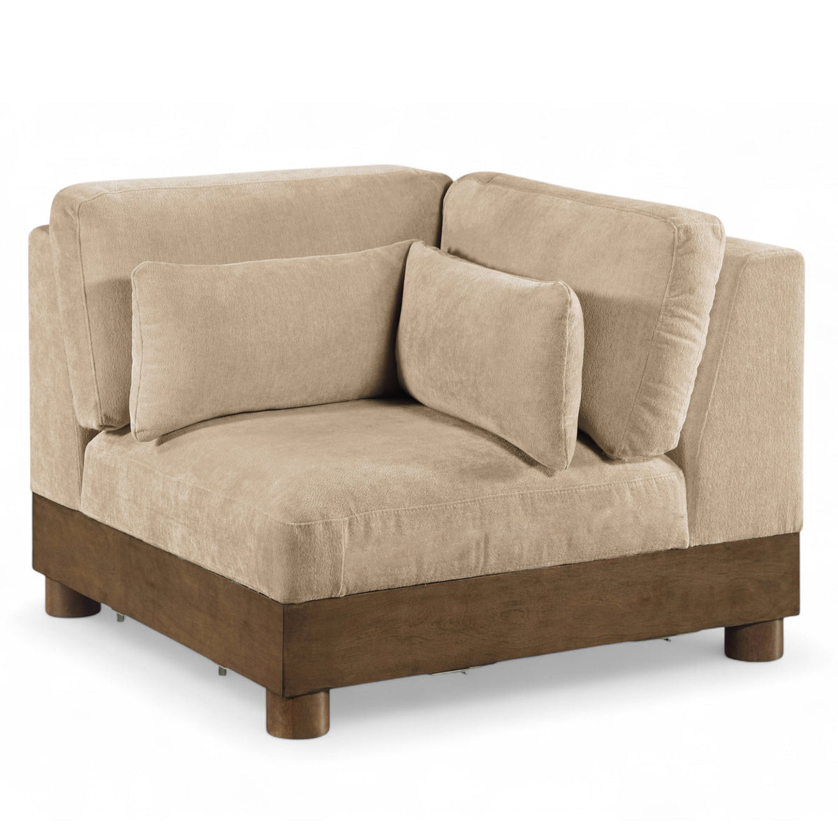 Turin Beige Chenille Fabric Upholstered Modular Corner Chair in beige chenille, walnut frame, primary product view