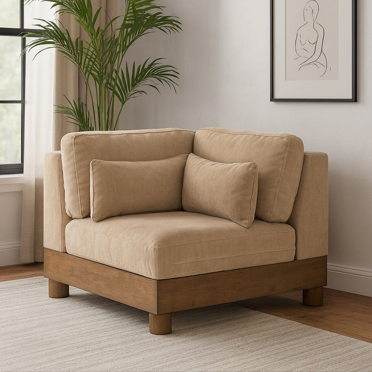 Turin Beige Chenille Fabric Upholstered Modular Corner Chair