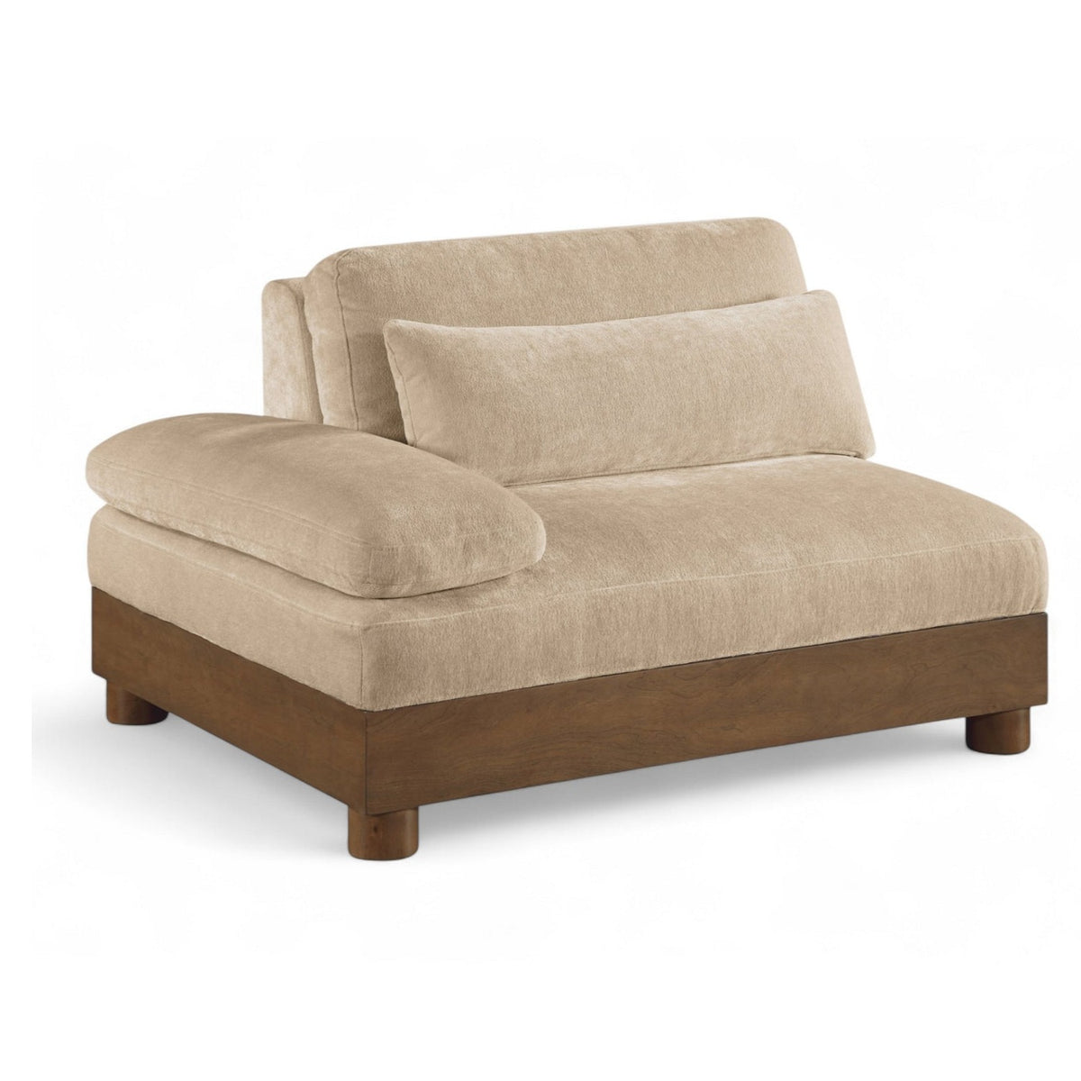 Turin Beige Chenille Fabric Upholstered Modular Left Arm Chair in beige chenille, walnut frame, primary product view