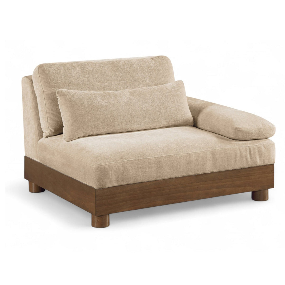 Turin Beige Chenille Fabric Upholstered Modular Right Arm Chair in beige chenille, walnut frame, primary product view