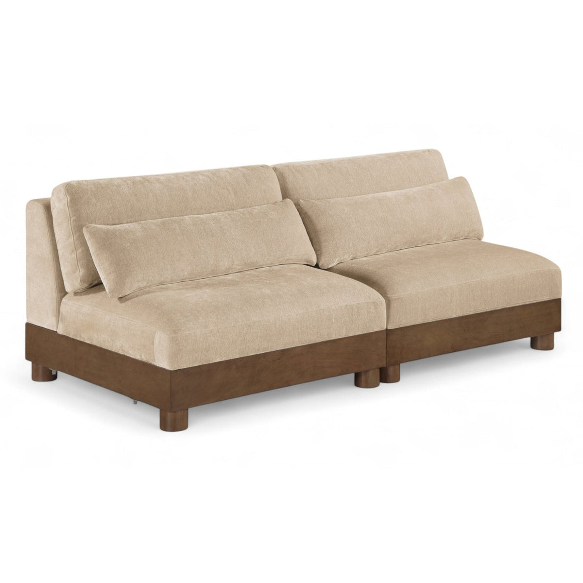 Turin 80" Beige Chenille Fabric Upholstered 2pc. Modular Sofa in beige chenille with walnut finish, primary product view