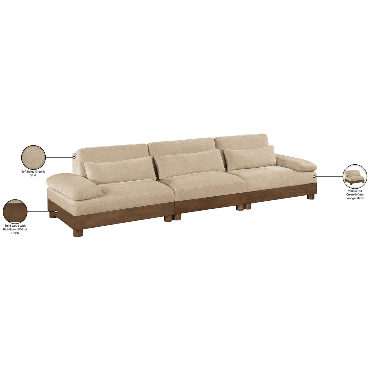 Turin 13 5 .5in Beige Chenille Fabric Upholstered 3 Piece. Modular Sofa