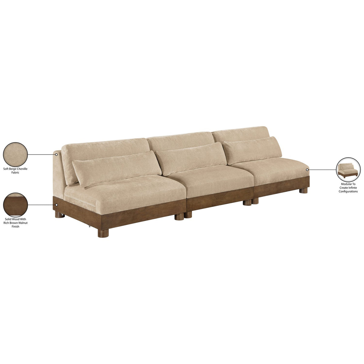 Turin 120in Beige Chenille Fabric Upholstered 3 Piece Modular Sofa