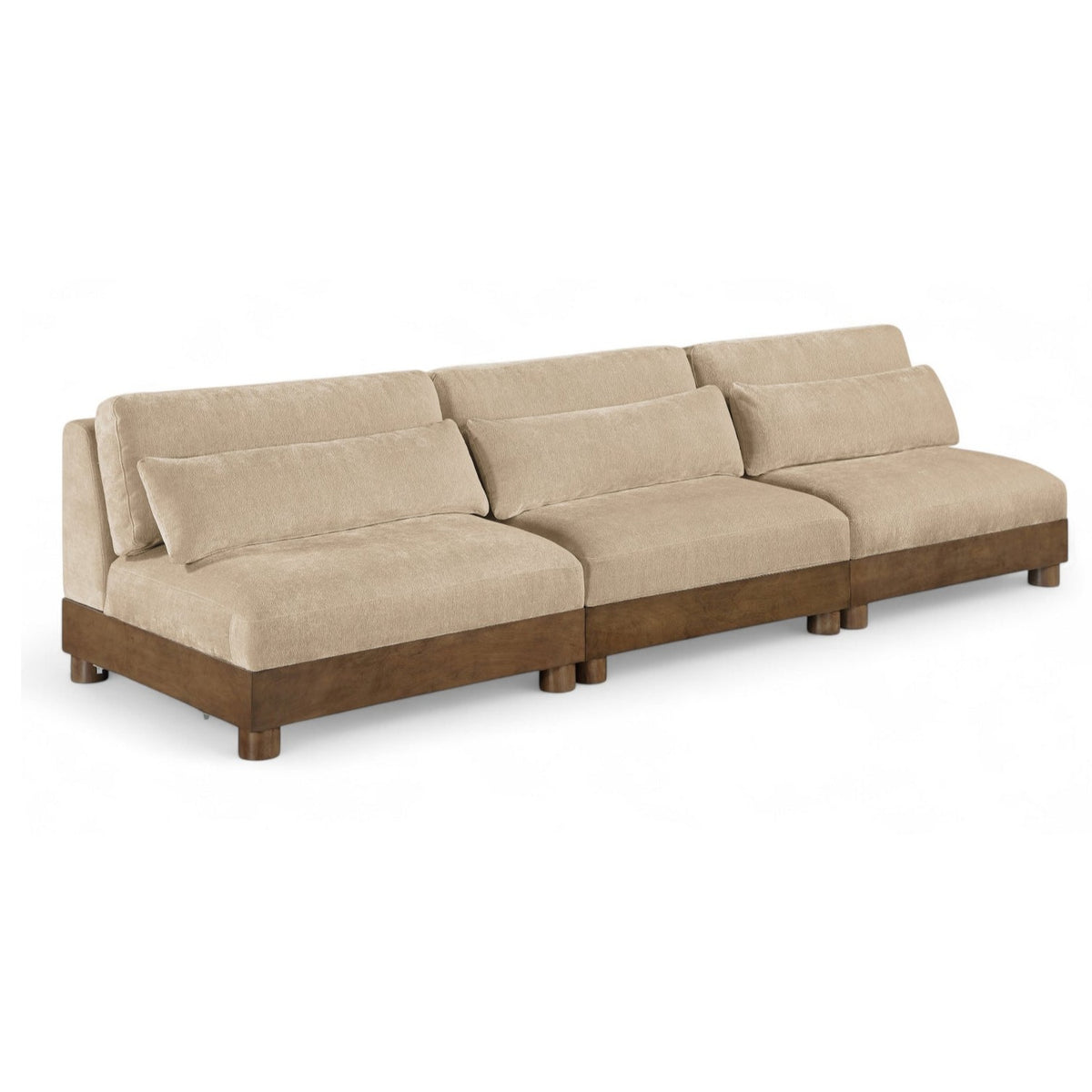 Turin 120" Beige Chenille Fabric Upholstered 3pc. Modular Sofa in beige chenille, brown walnut, front product view