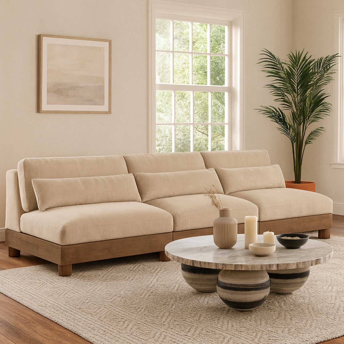 Turin 120in Beige Chenille Fabric Upholstered 3 Piece Modular Sofa