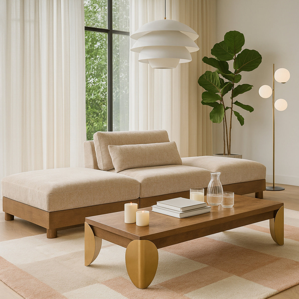 Turin 120in Beige Chenille Fabric Upholstered 3 Piece Modular Sofa