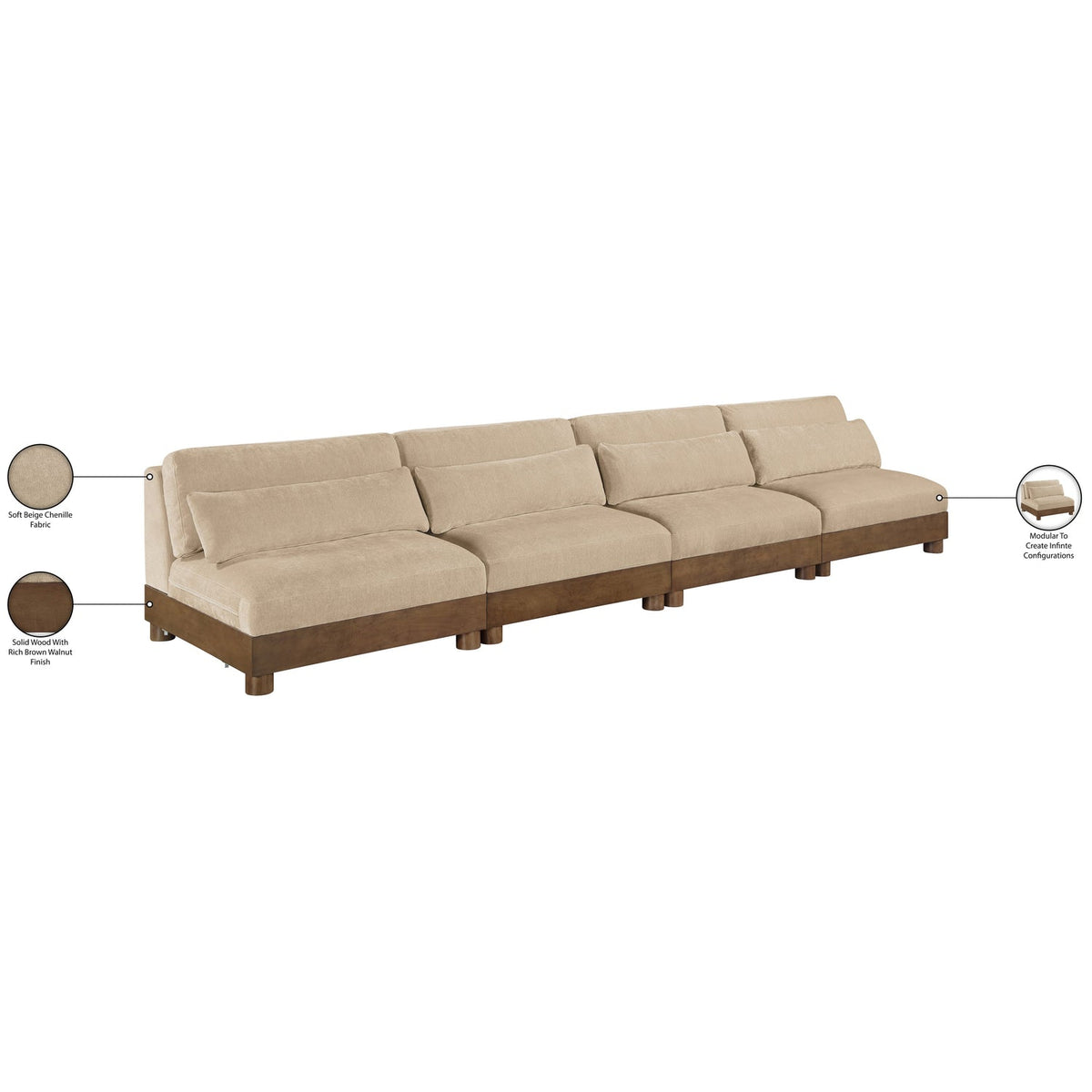 Turin 16 0in Beige Chenille Fabric Upholstered 4 Piece. Modular Sofa