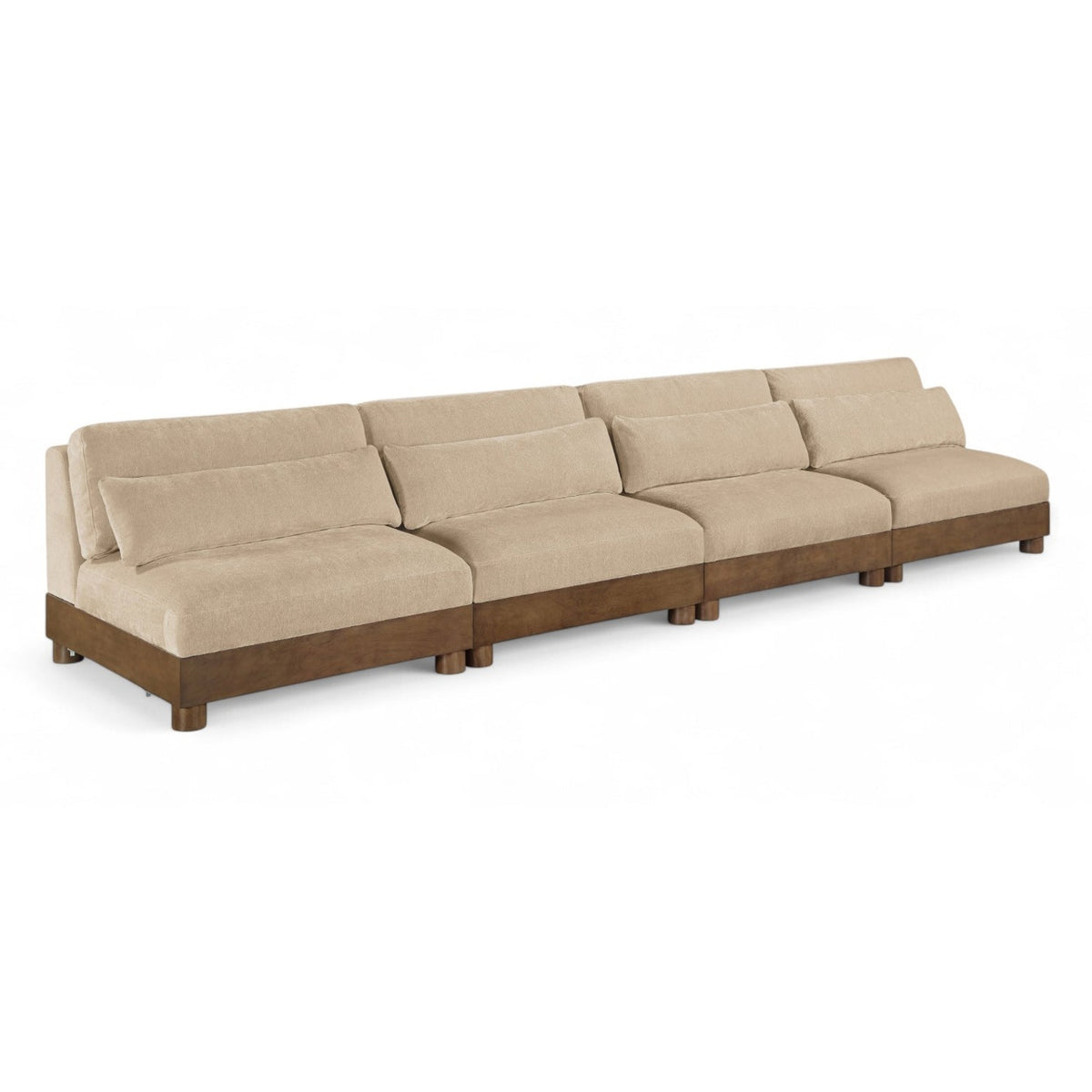 Turin 160" Beige Chenille Fabric Upholstered 4pc. Modular Sofa in beige chenille, brown walnut, primary product view