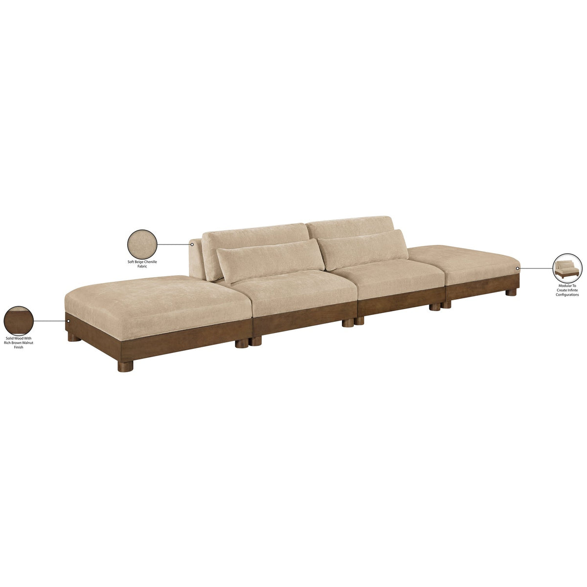 Turin 160in Beige Chenille Fabric Upholstered 4 Piece Modular Sofa